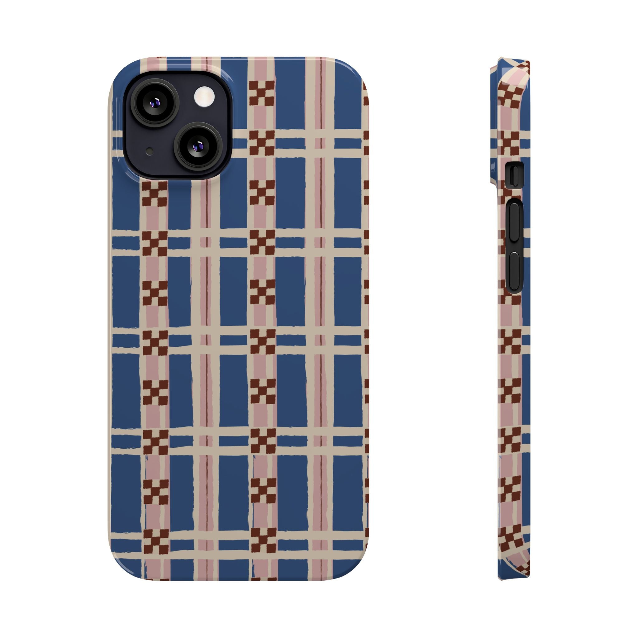 Slim Phone Case — Blue & Pink Retro Plaid Pattern