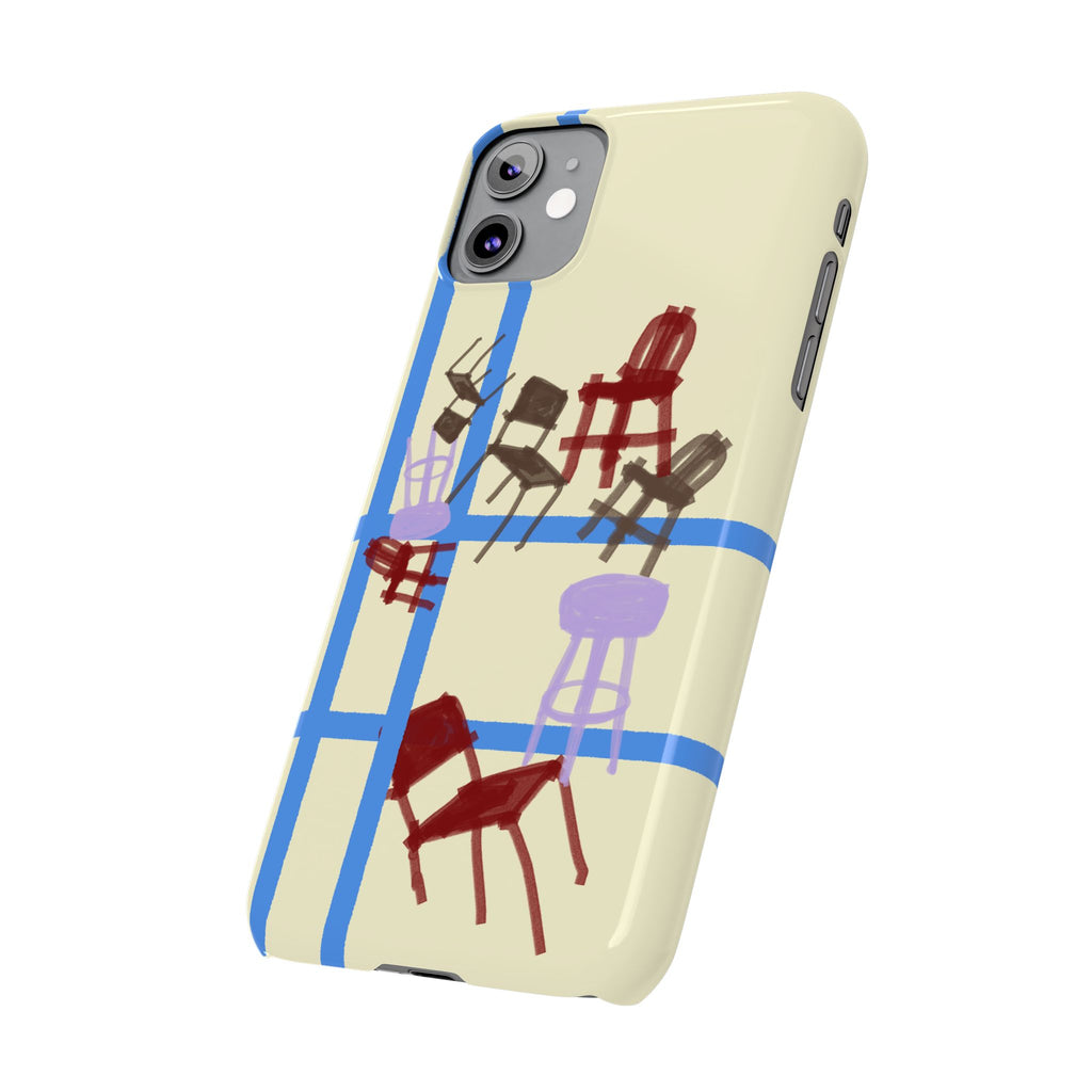 Slim Phone Case — Retro Chairs Pattern on Cream with Blue Grid Backroom-Inspired