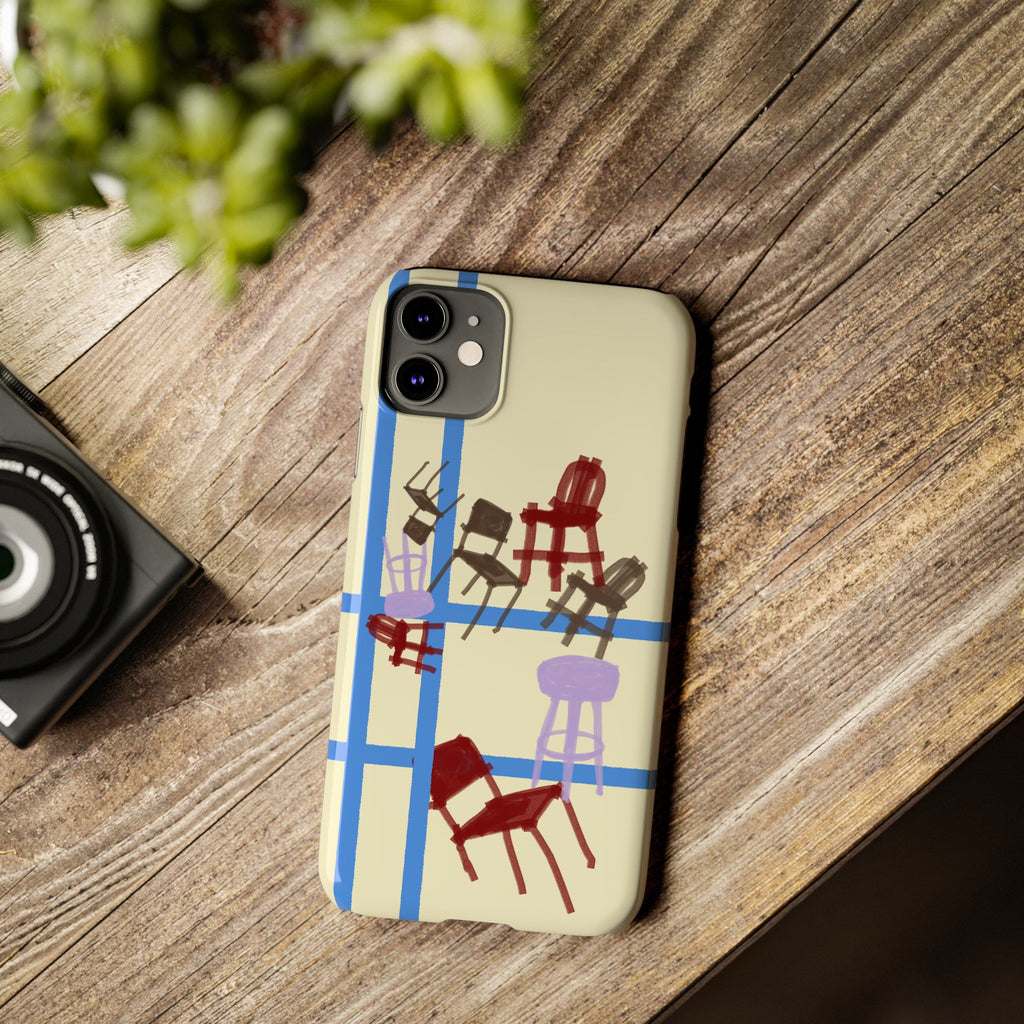 Slim Phone Case — Retro Chairs Pattern on Cream with Blue Grid Backroom-Inspired