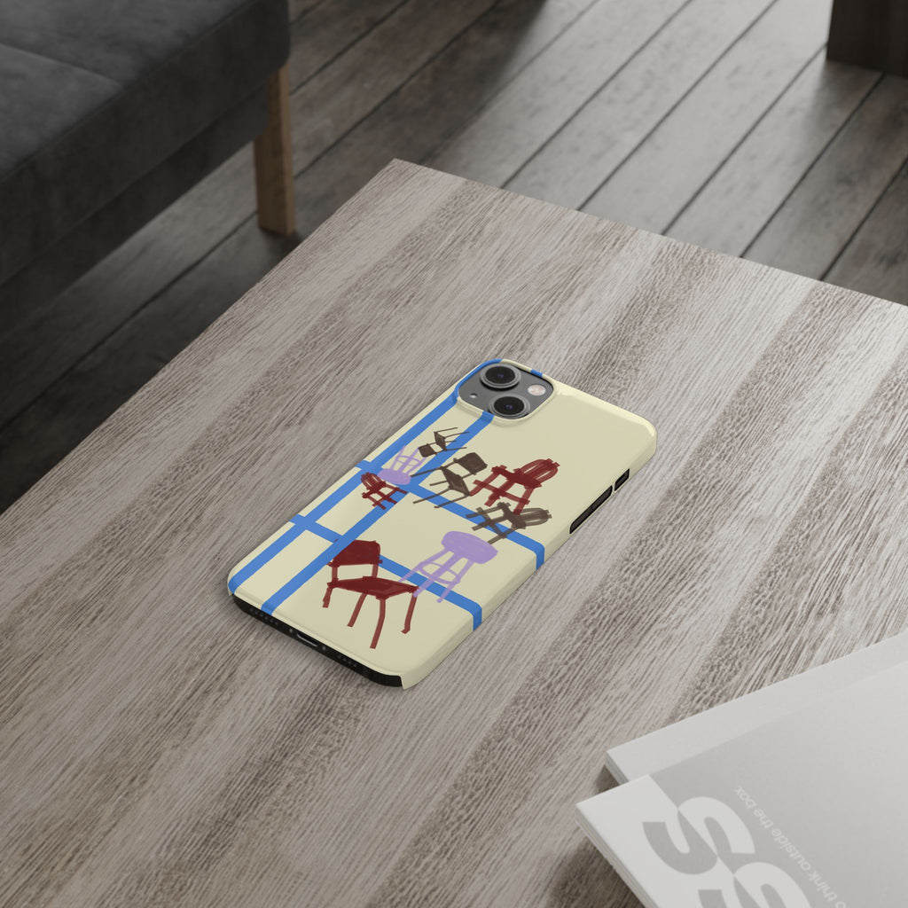 Slim Phone Case — Retro Chairs Pattern on Cream with Blue Grid Backroom-Inspired
