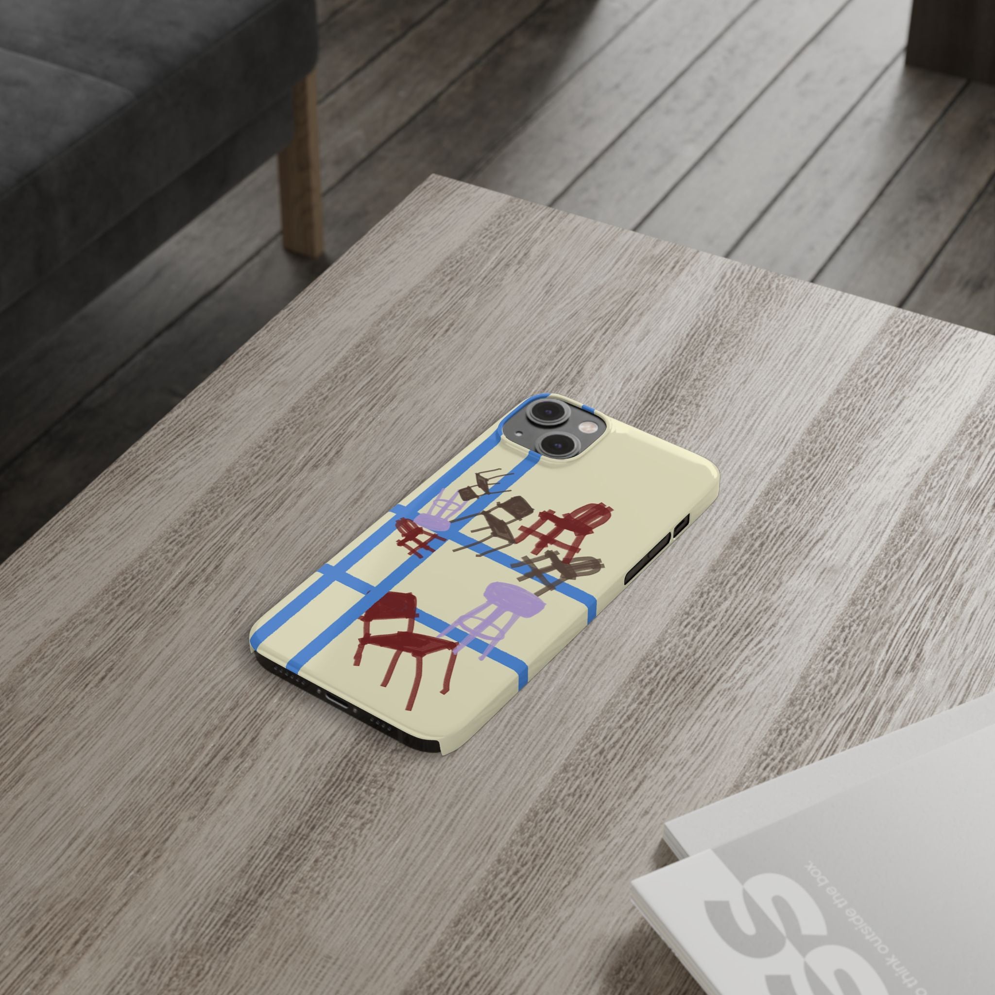 Slim Phone Case — Retro Chairs Pattern on Cream with Blue Grid Backroom-Inspired