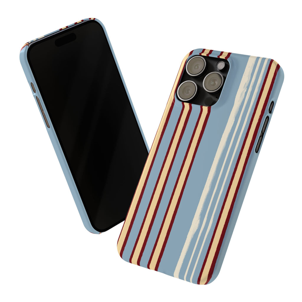 Retro Striped Slim Phone Case — Blue, Cream & Burgundy Vertical Lines