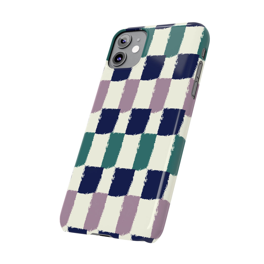 Painterly Check Slim Phone Case — Hand-Painted Navy, Teal & Lavender Grid