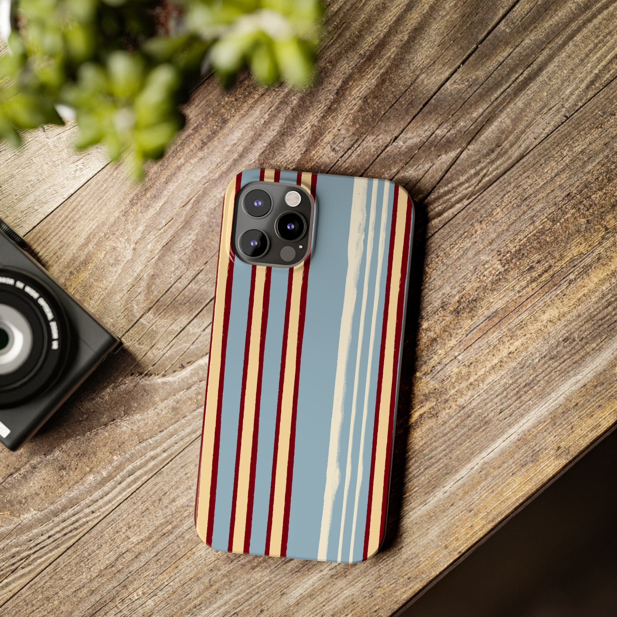 Retro Striped Slim Phone Case — Blue, Cream & Burgundy Vertical Lines