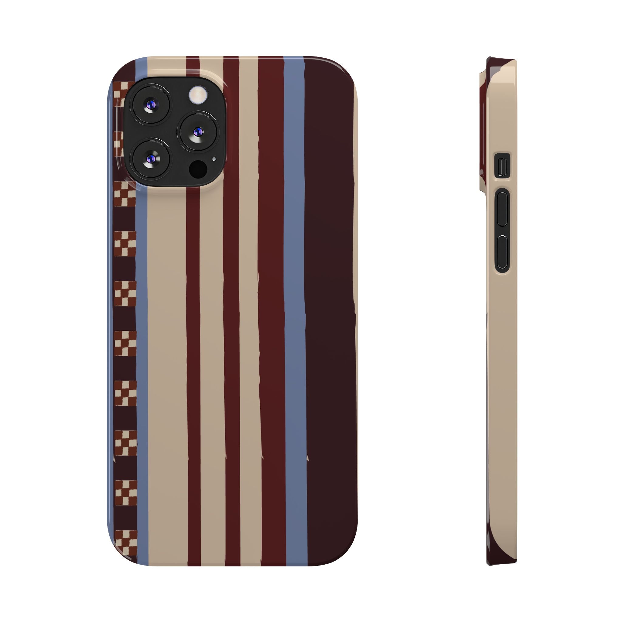 Slim Phone Case — Retro Striped Beige, Maroon & Blue Pattern