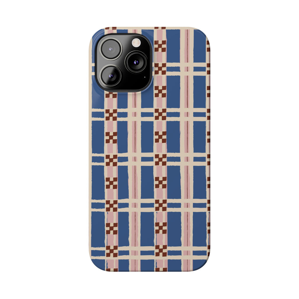 Slim Phone Case — Blue & Pink Retro Plaid Pattern