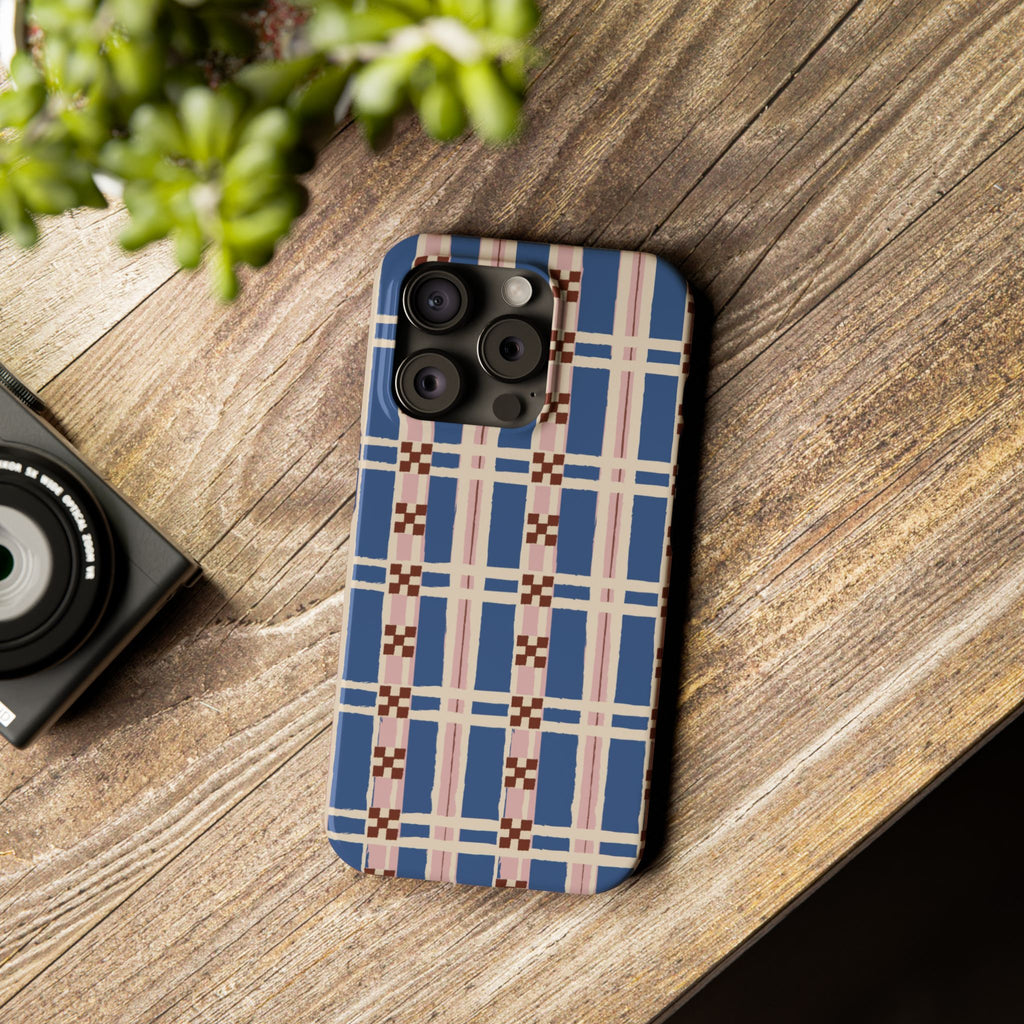 Slim Phone Case — Blue & Pink Retro Plaid Pattern