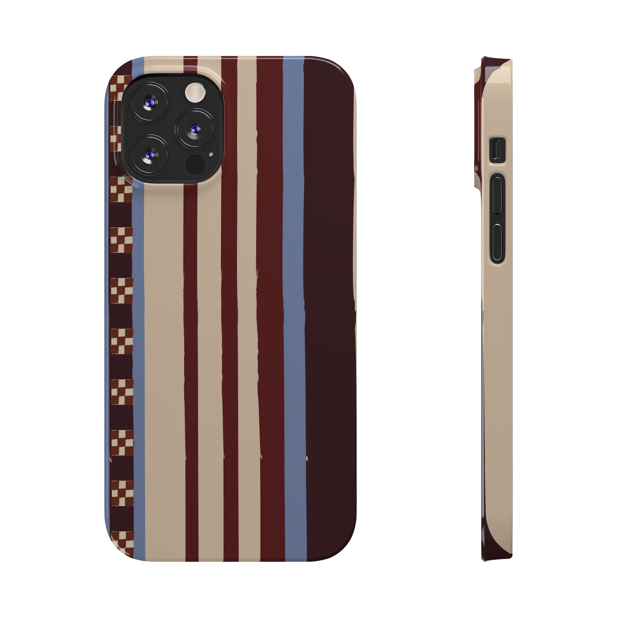 Slim Phone Case — Retro Striped Beige, Maroon & Blue Pattern