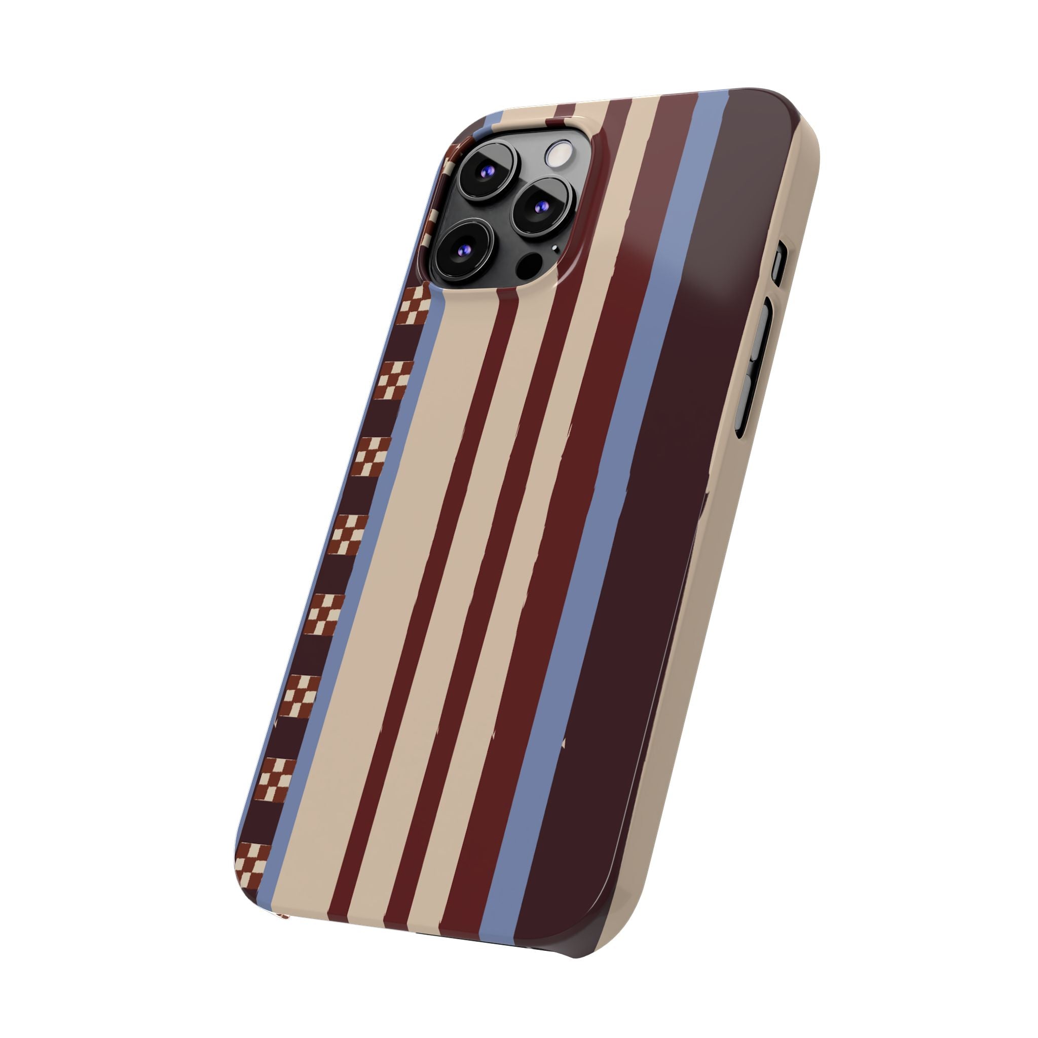 Slim Phone Case — Retro Striped Beige, Maroon & Blue Pattern