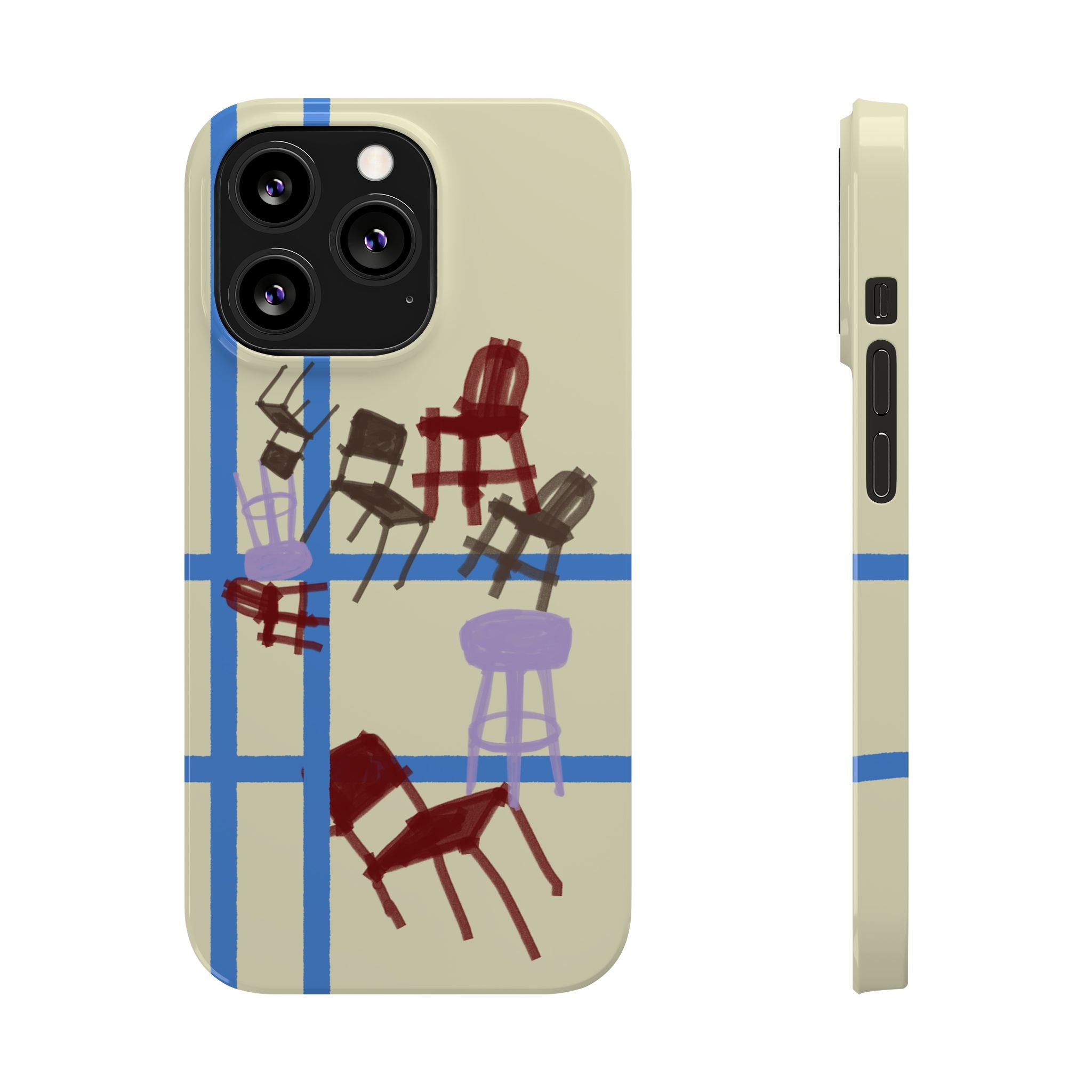 Slim Phone Case — Retro Chairs Pattern on Cream with Blue Grid Backroom-Inspired