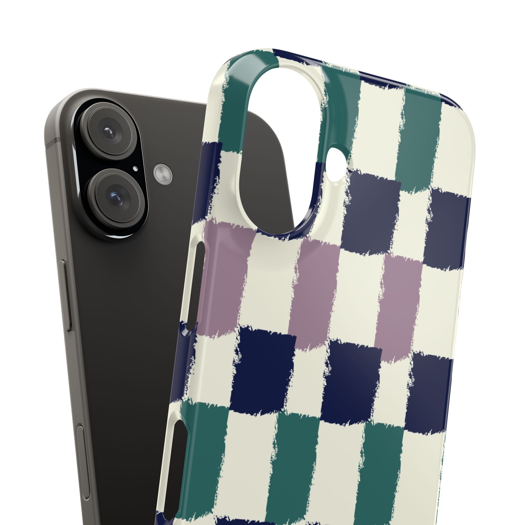 Painterly Check Slim Phone Case — Hand-Painted Navy, Teal & Lavender Grid