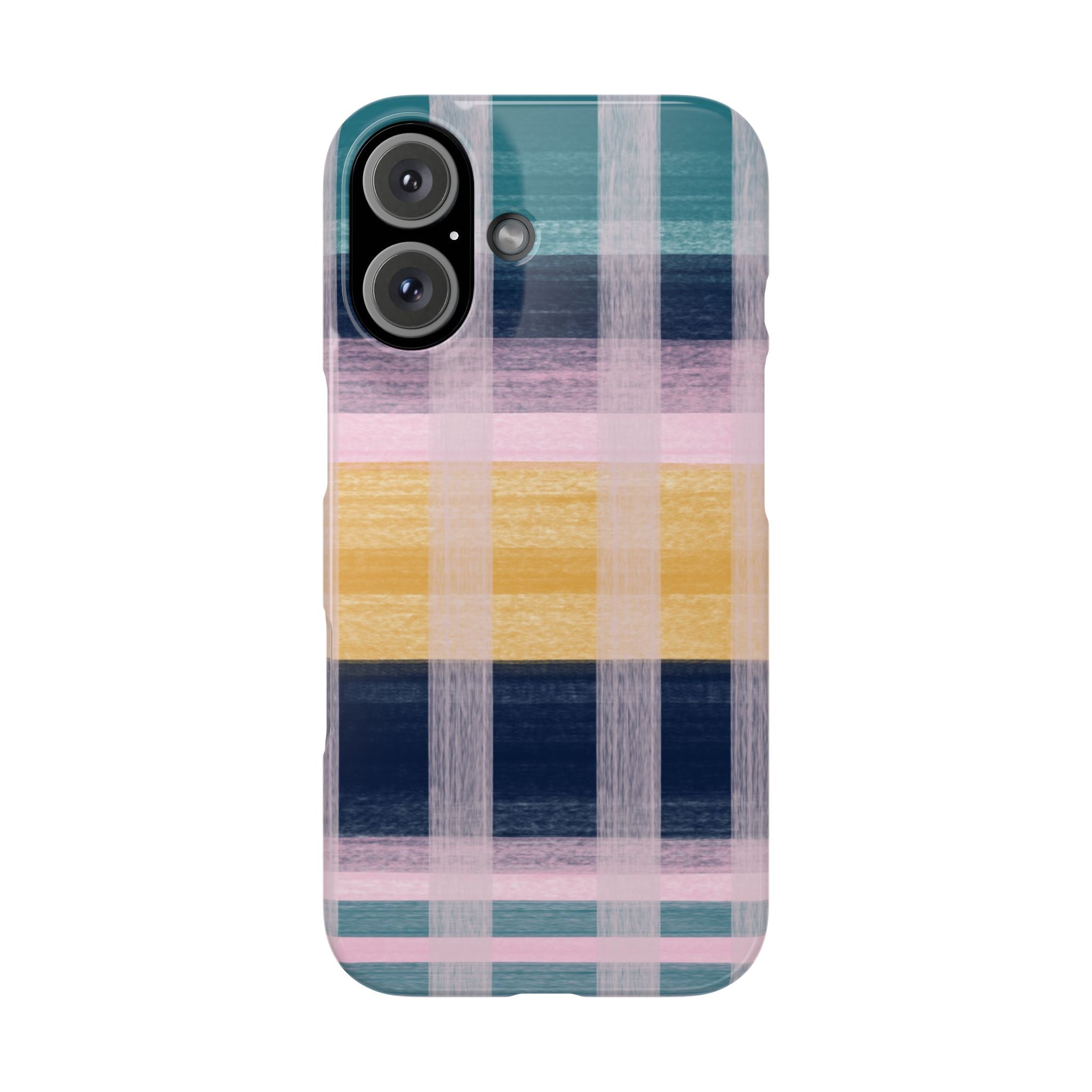 Plaid Brushstroke Slim Phone Case — Pastel Teal, Pink & Yellow Protective Cover SATC Inspired