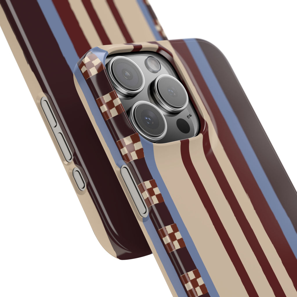 Slim Phone Case — Retro Striped Beige, Maroon & Blue Pattern