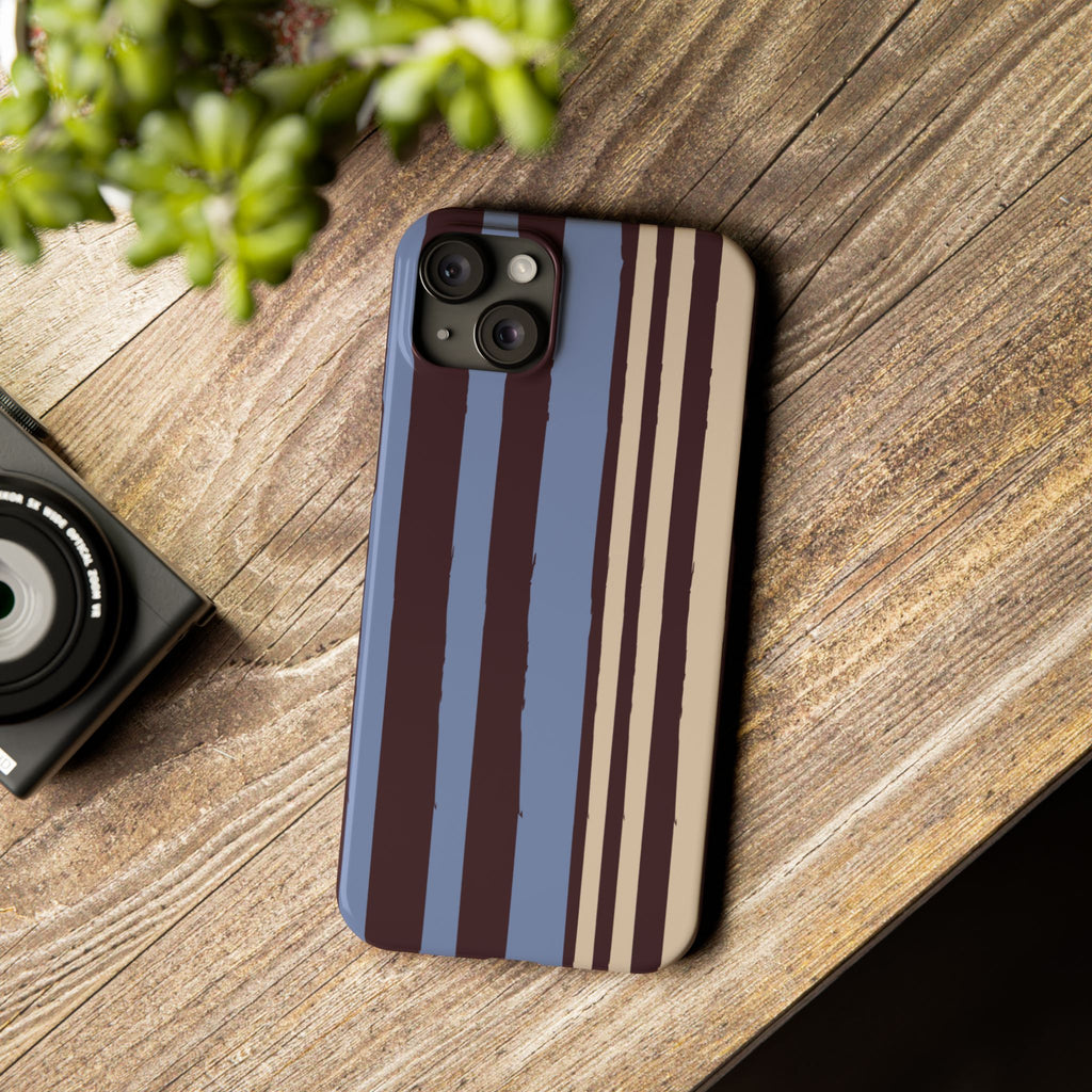 Retro Striped Slim Phone Case — Blue, Brown & Cream Vertical Stripes