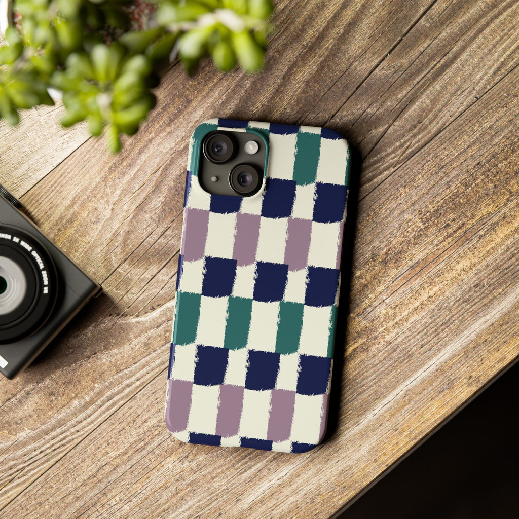 Painterly Check Slim Phone Case — Hand-Painted Navy, Teal & Lavender Grid