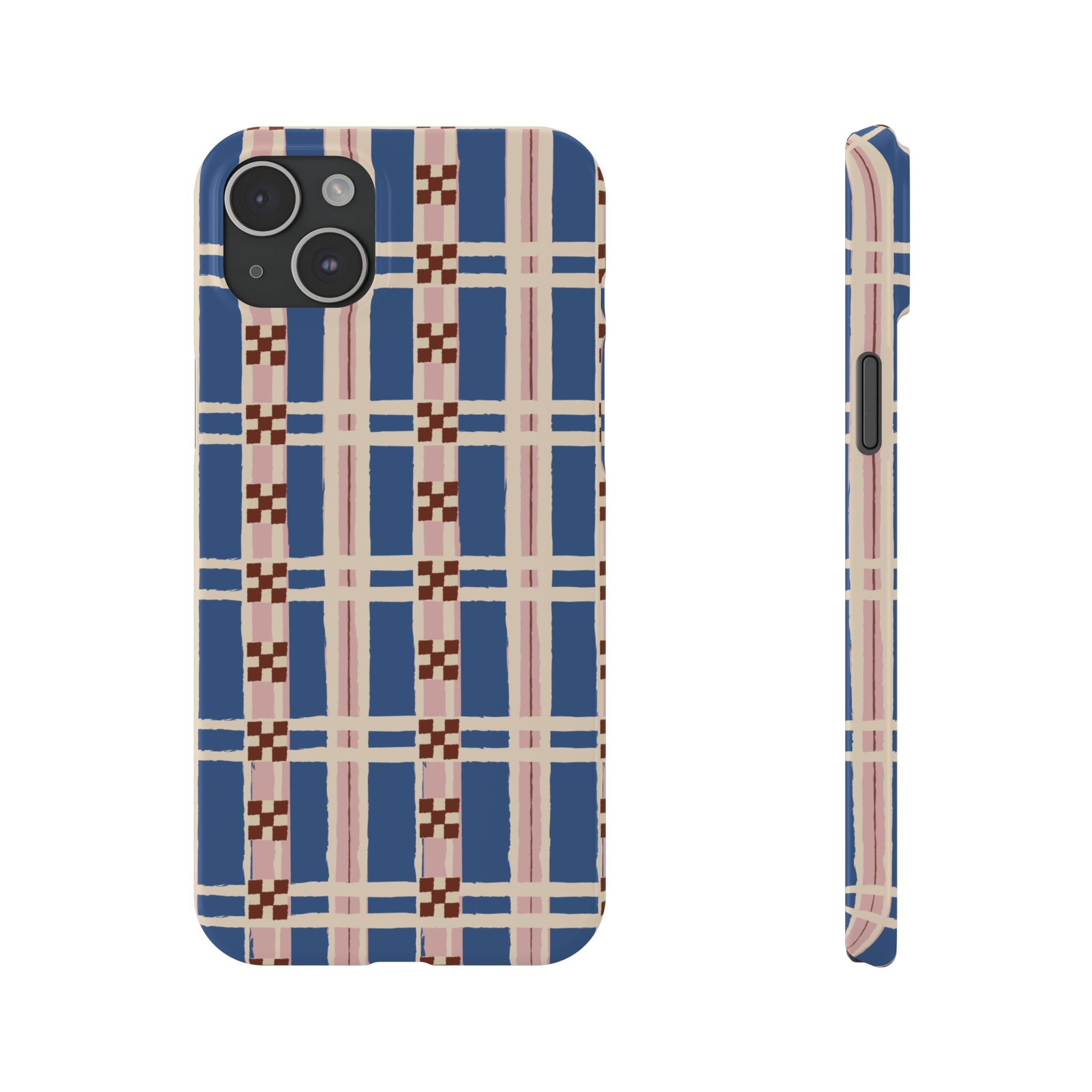 Slim Phone Case — Blue & Pink Retro Plaid Pattern