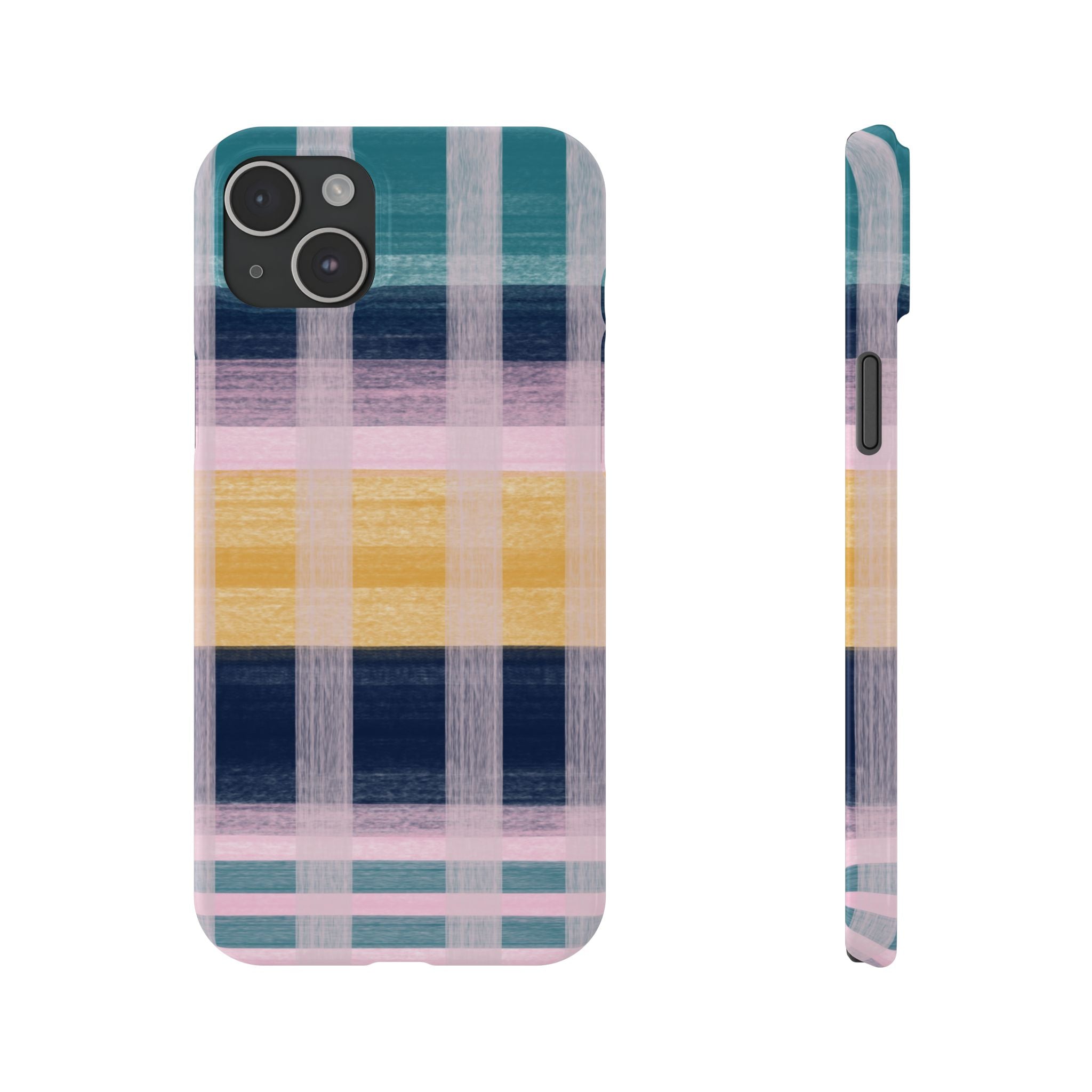 Plaid Brushstroke Slim Phone Case — Pastel Teal, Pink & Yellow Protective Cover SATC Inspired