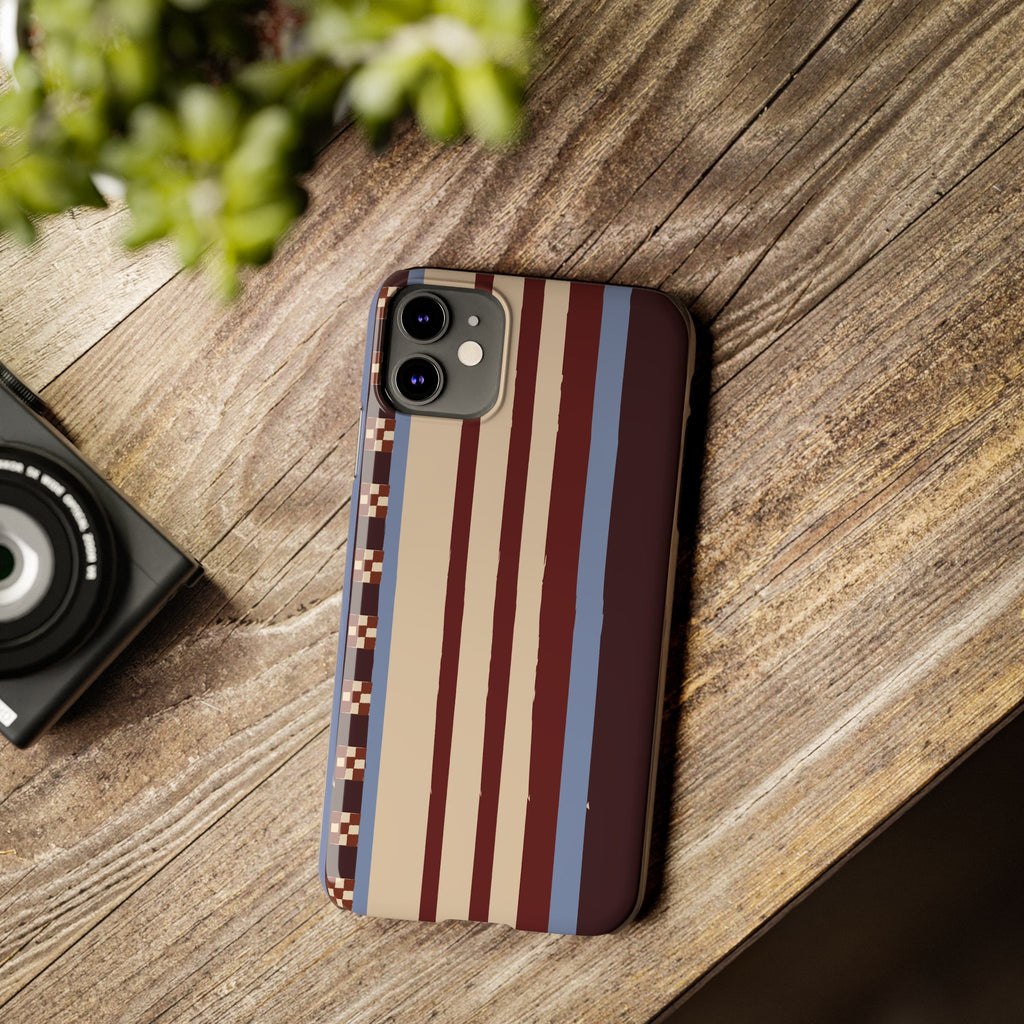 Slim Phone Case — Retro Striped Beige, Maroon & Blue Pattern