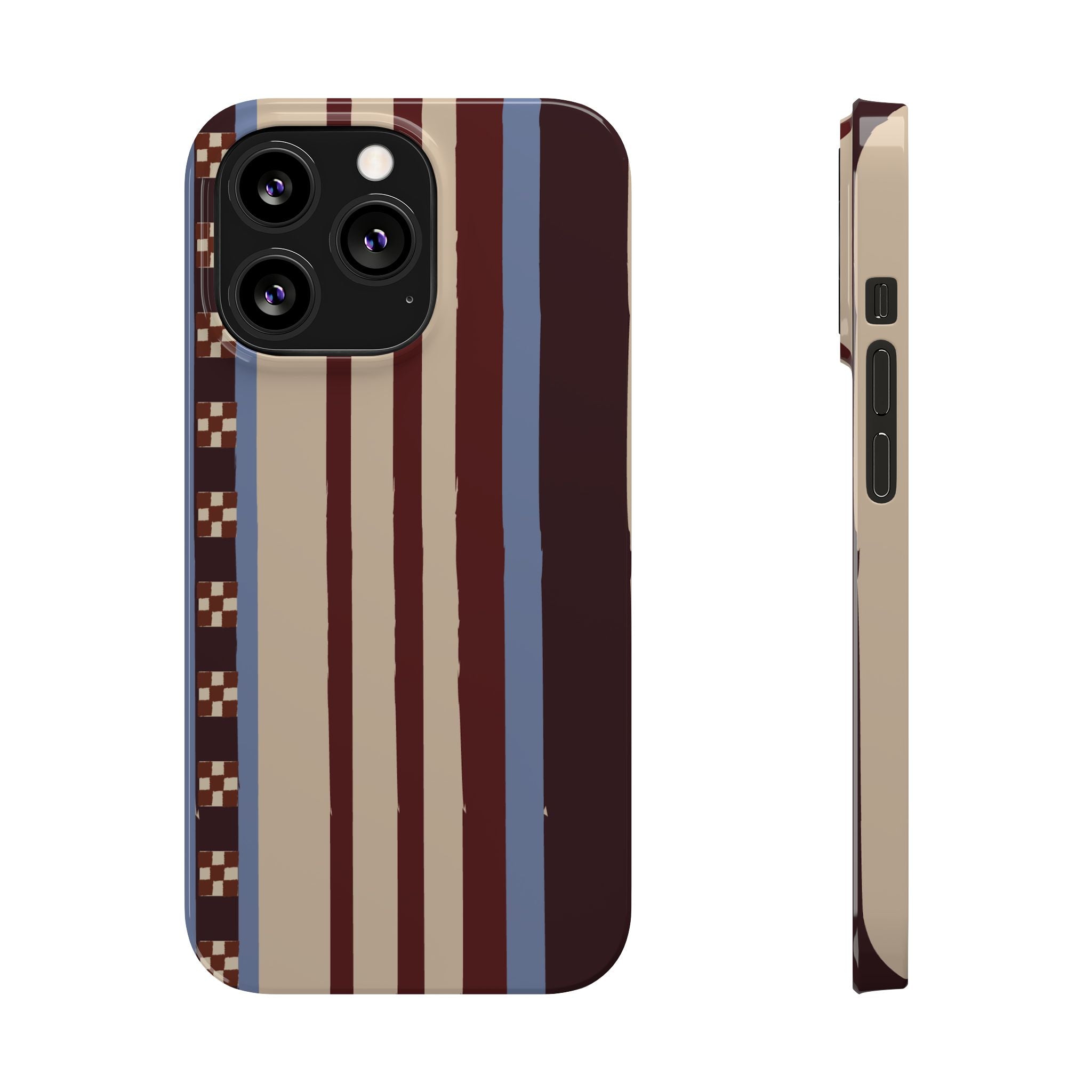 Slim Phone Case — Retro Striped Beige, Maroon & Blue Pattern