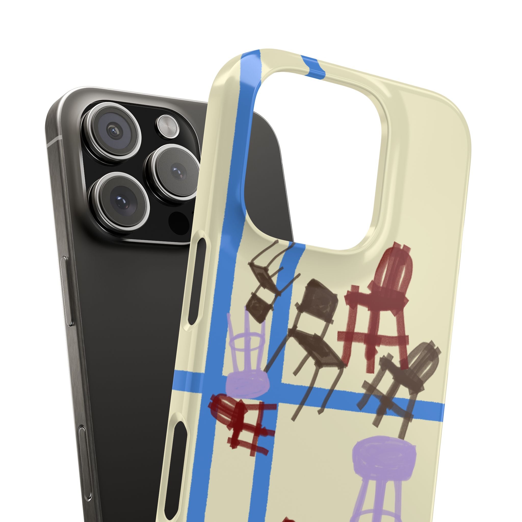 Slim Phone Case — Retro Chairs Pattern on Cream with Blue Grid Backroom-Inspired