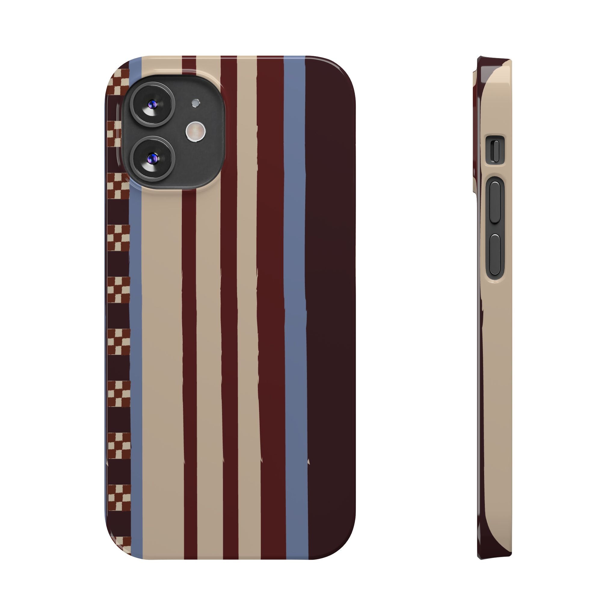 Slim Phone Case — Retro Striped Beige, Maroon & Blue Pattern