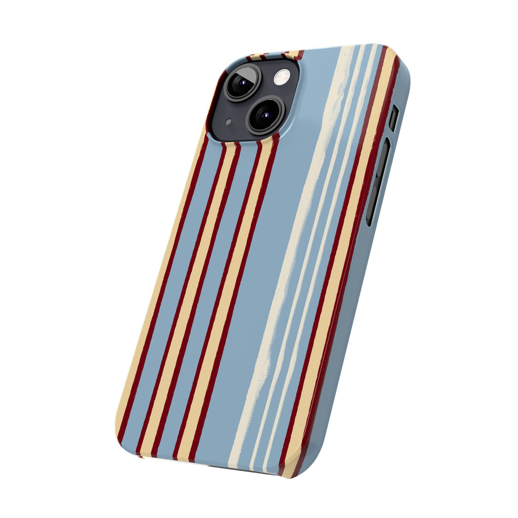 Retro Striped Slim Phone Case — Blue, Cream & Burgundy Vertical Lines