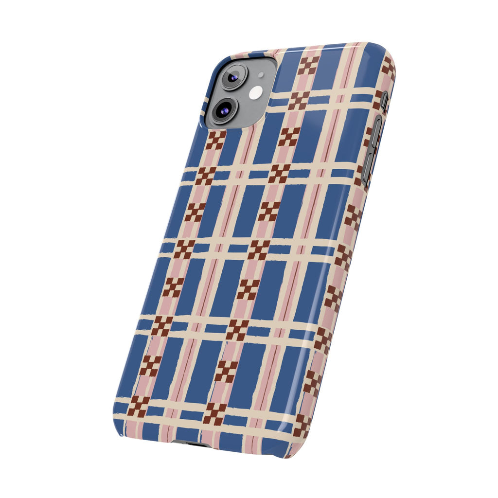 Slim Phone Case — Blue & Pink Retro Plaid Pattern