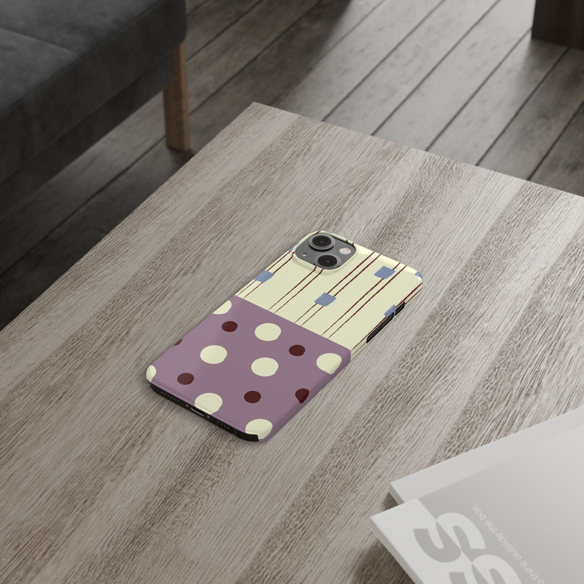 Slim Phone Case — Retro Polka Dot & Stripes Design, Lavender Plum