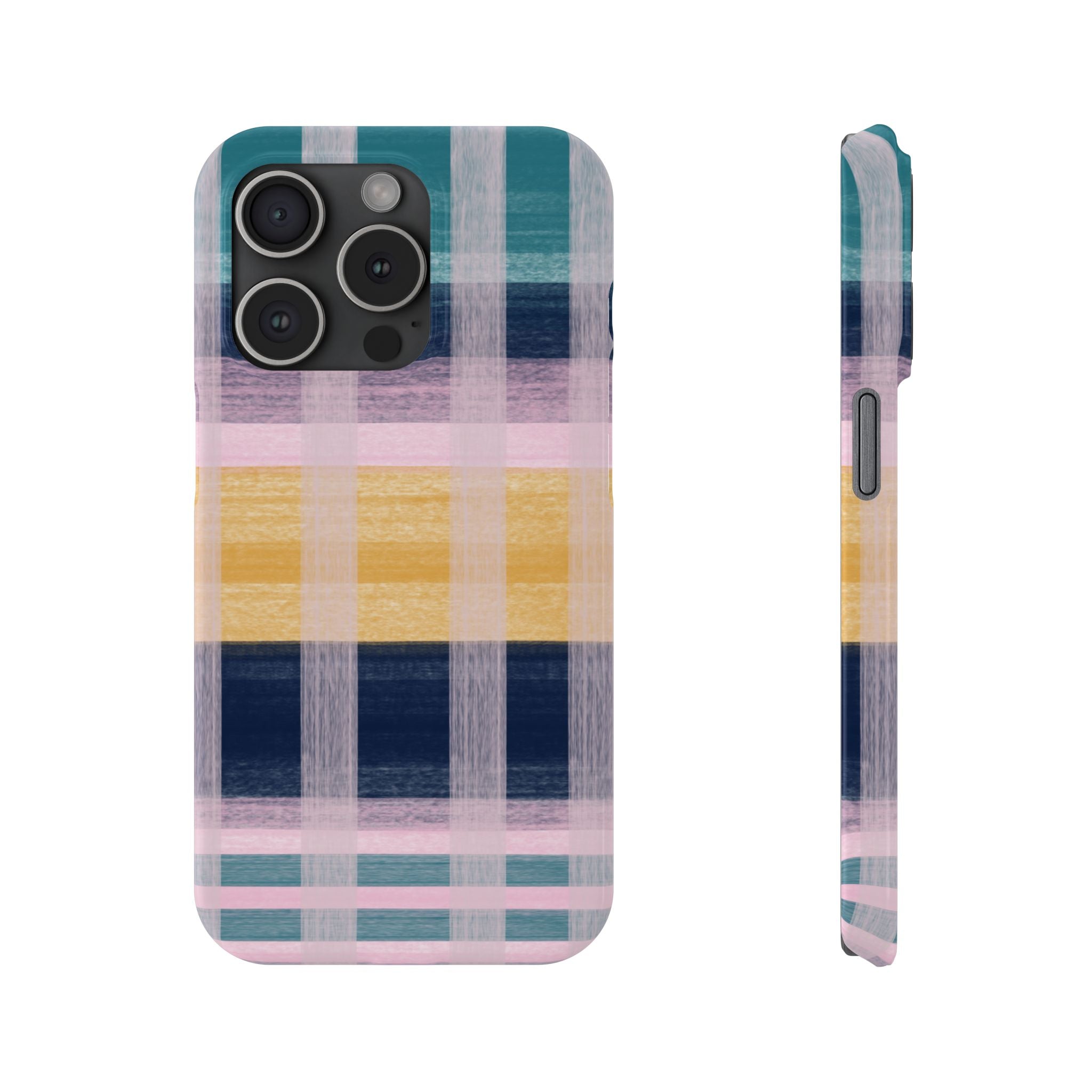 Plaid Brushstroke Slim Phone Case — Pastel Teal, Pink & Yellow Protective Cover SATC Inspired