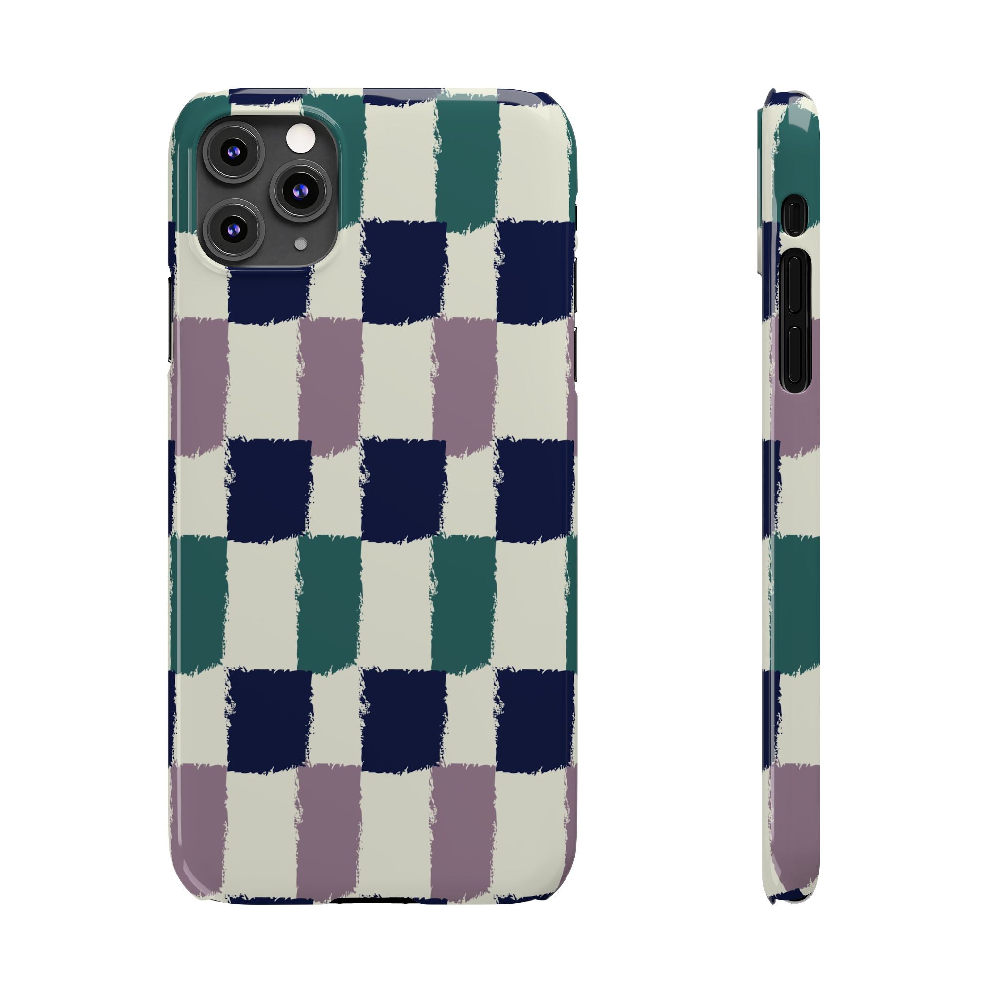 Painterly Check Slim Phone Case — Hand-Painted Navy, Teal & Lavender Grid