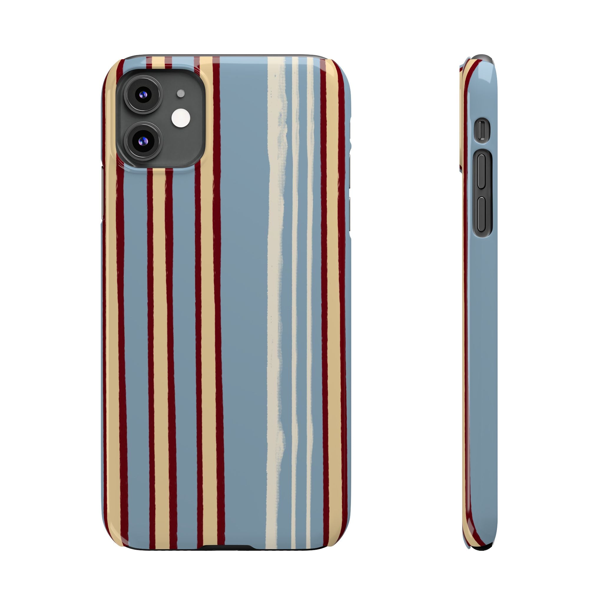 Retro Striped Slim Phone Case — Blue, Cream & Burgundy Vertical Lines