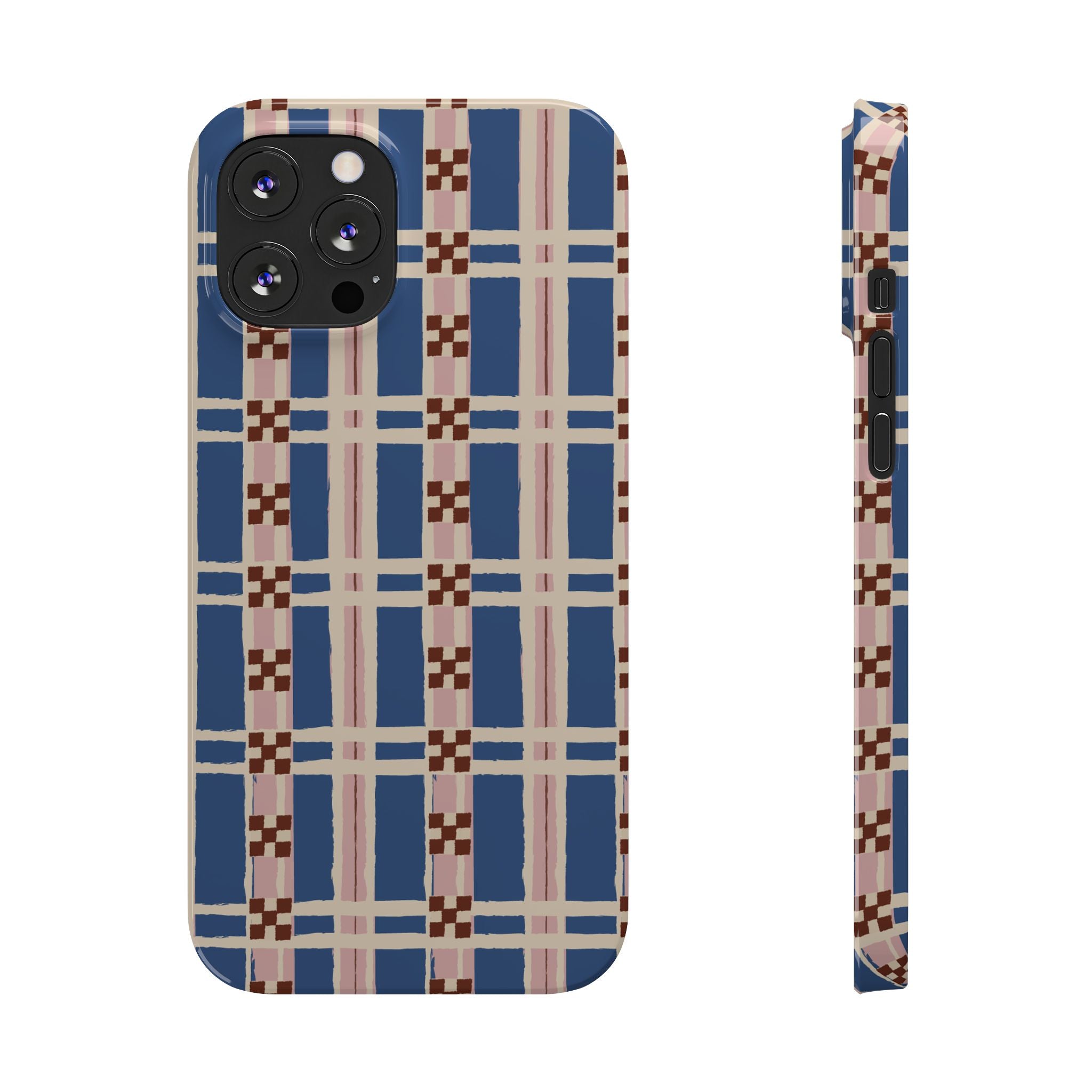 Slim Phone Case — Blue & Pink Retro Plaid Pattern