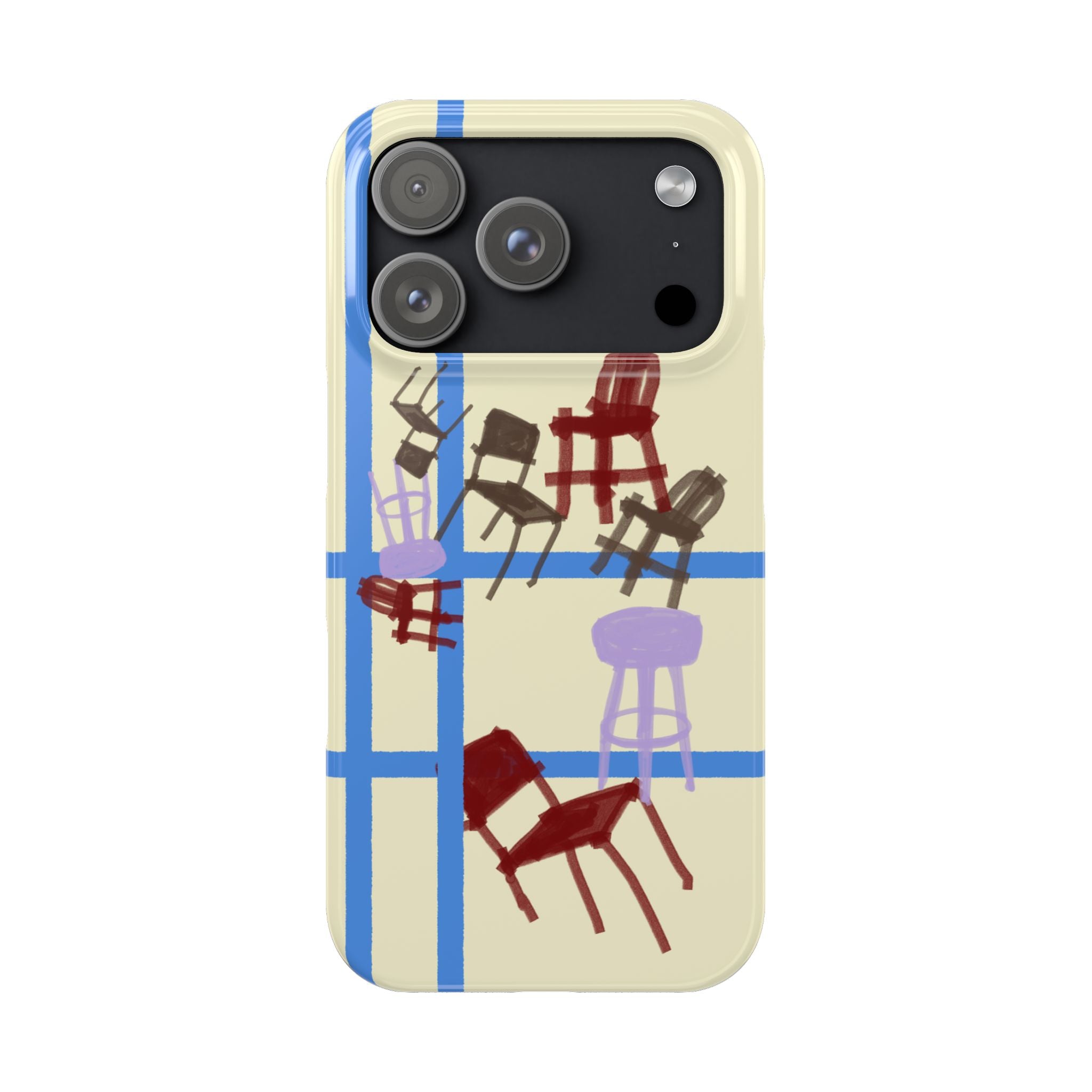 Slim Phone Case — Retro Chairs Pattern on Cream with Blue Grid Backroom-Inspired