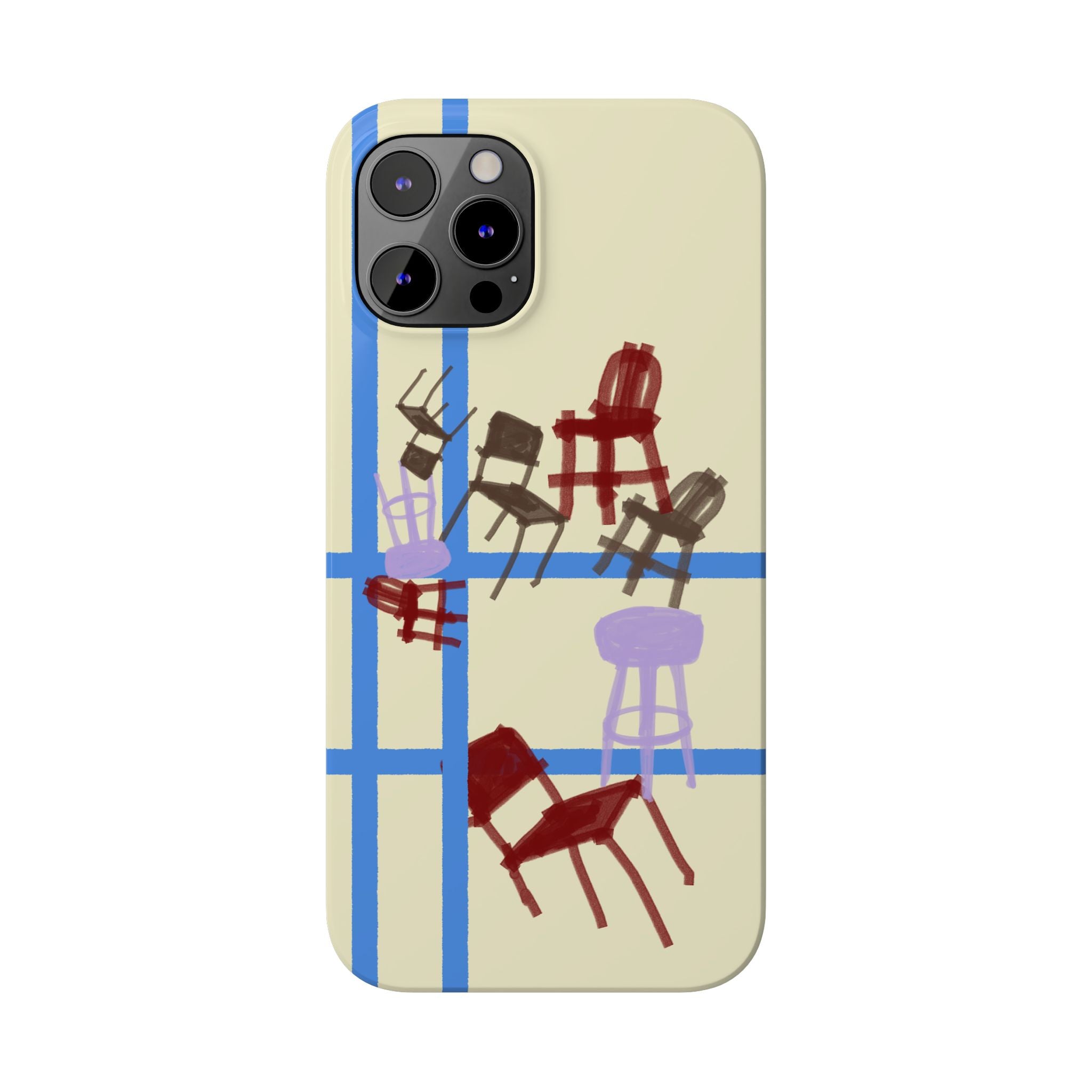 Slim Phone Case — Retro Chairs Pattern on Cream with Blue Grid Backroom-Inspired