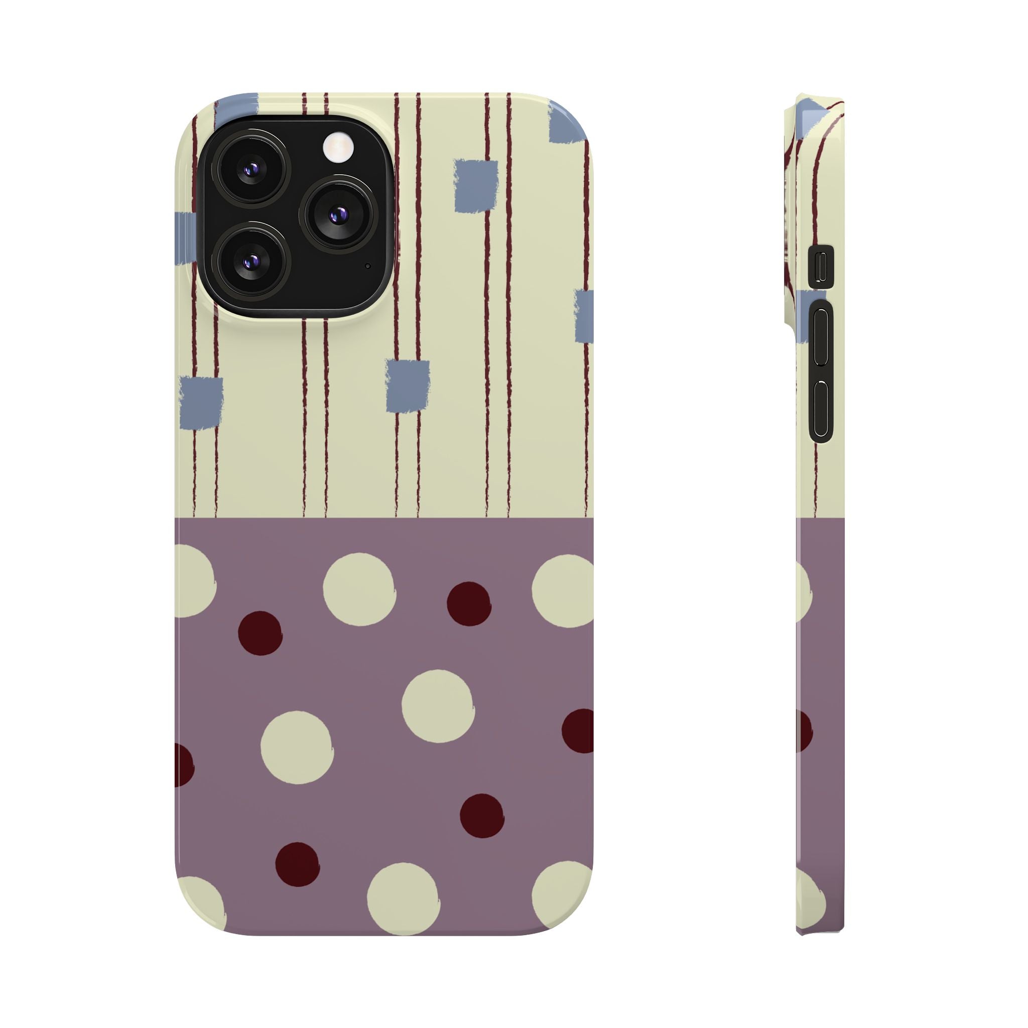 Slim Phone Case — Retro Polka Dot & Stripes Design, Lavender Plum