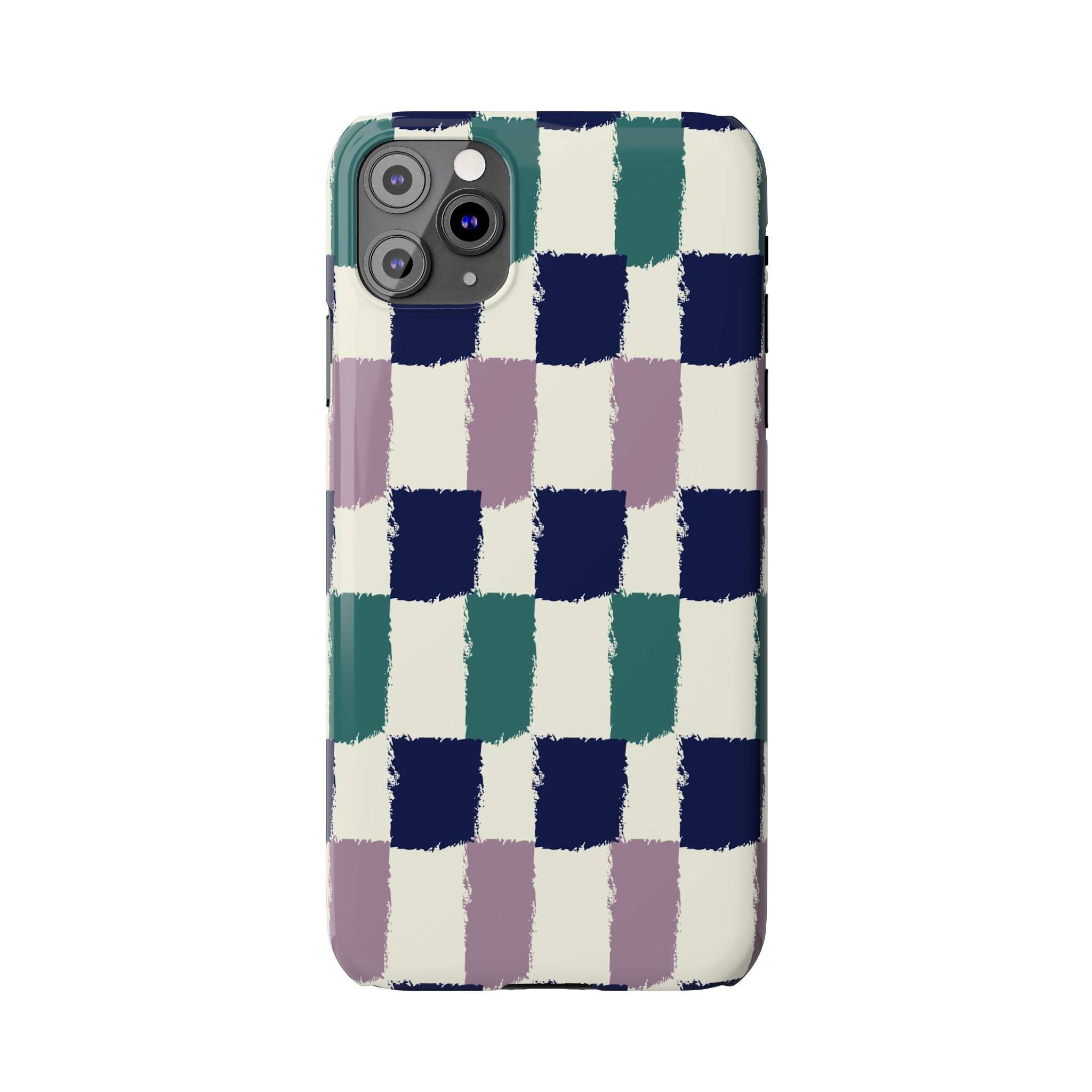 Painterly Check Slim Phone Case — Hand-Painted Navy, Teal & Lavender Grid