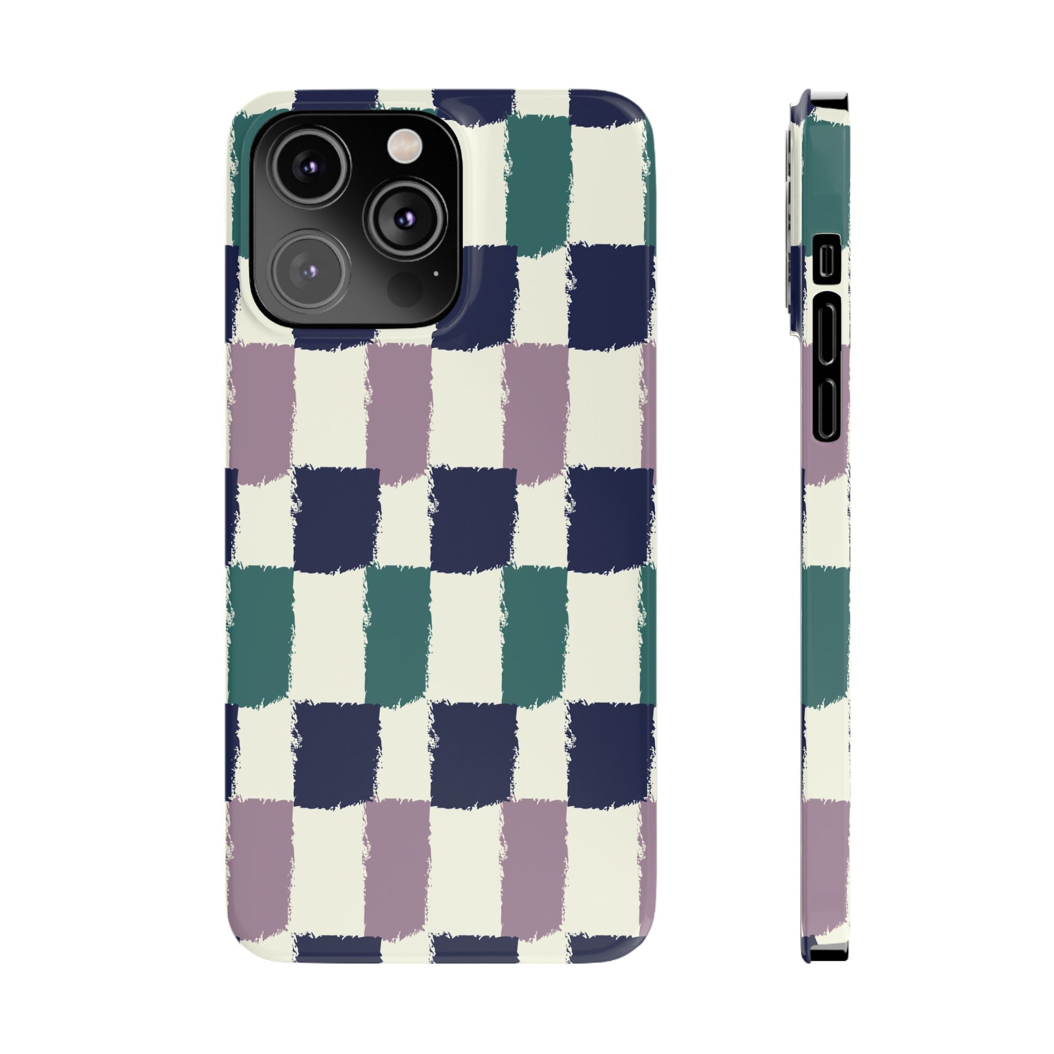 Painterly Check Slim Phone Case — Hand-Painted Navy, Teal & Lavender Grid