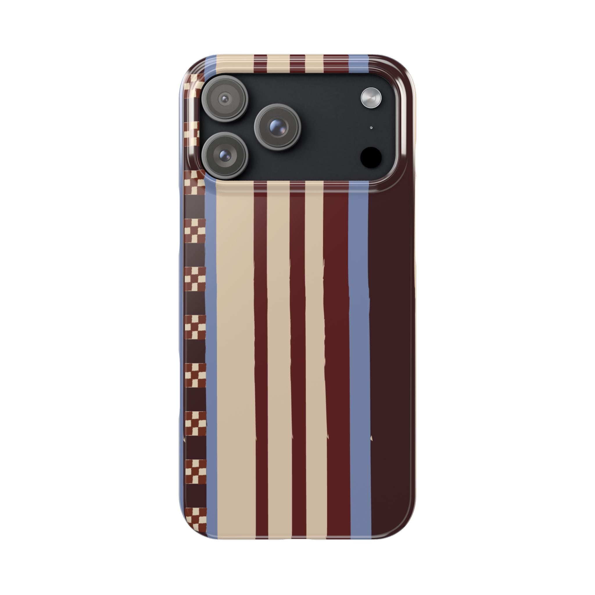 Slim Phone Case — Retro Striped Beige, Maroon & Blue Pattern