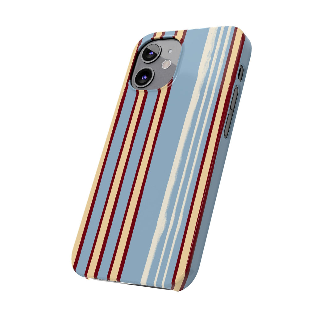 Retro Striped Slim Phone Case — Blue, Cream & Burgundy Vertical Lines