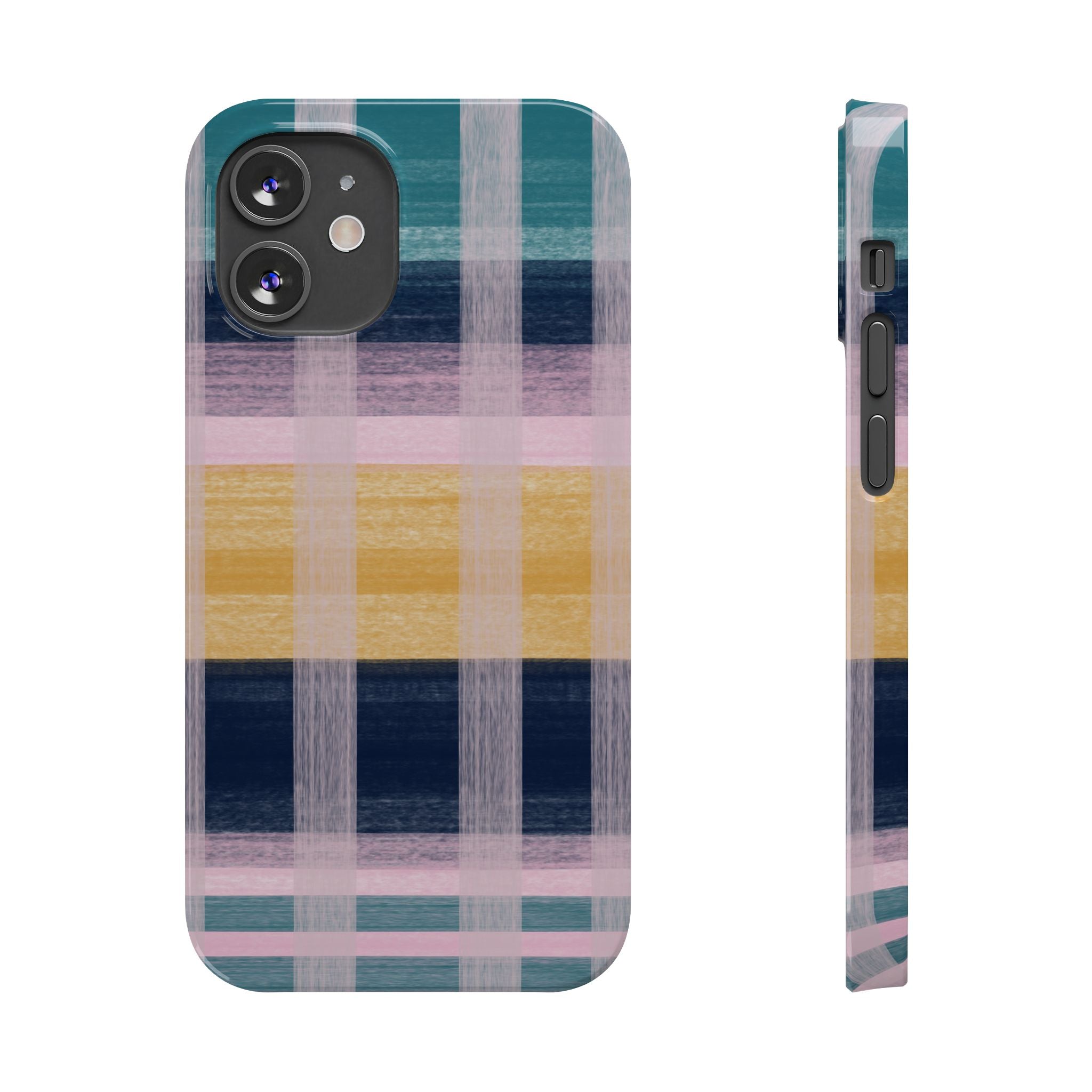 Plaid Brushstroke Slim Phone Case — Pastel Teal, Pink & Yellow Protective Cover SATC Inspired