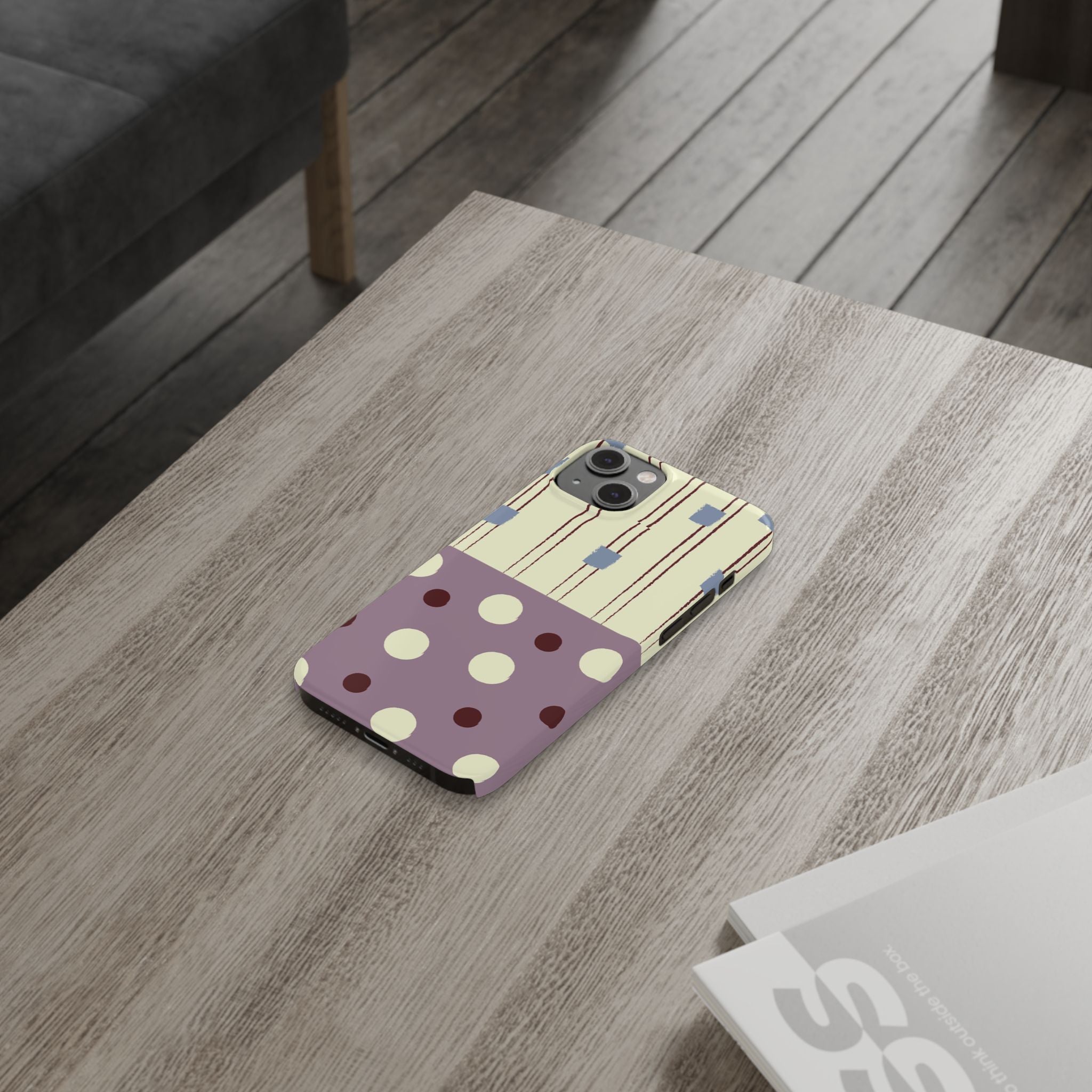 Slim Phone Case — Retro Polka Dot & Stripes Design, Lavender Plum