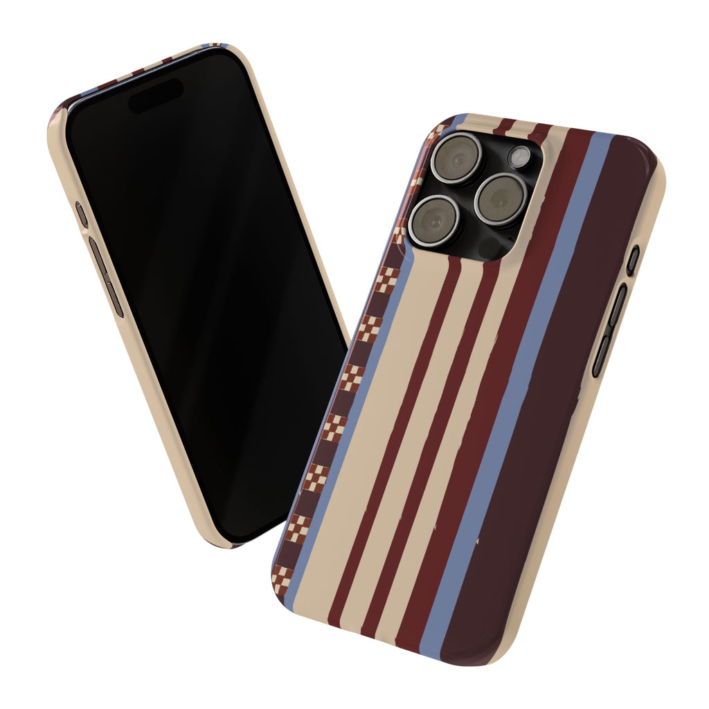 Slim Phone Case — Retro Striped Beige, Maroon & Blue Pattern