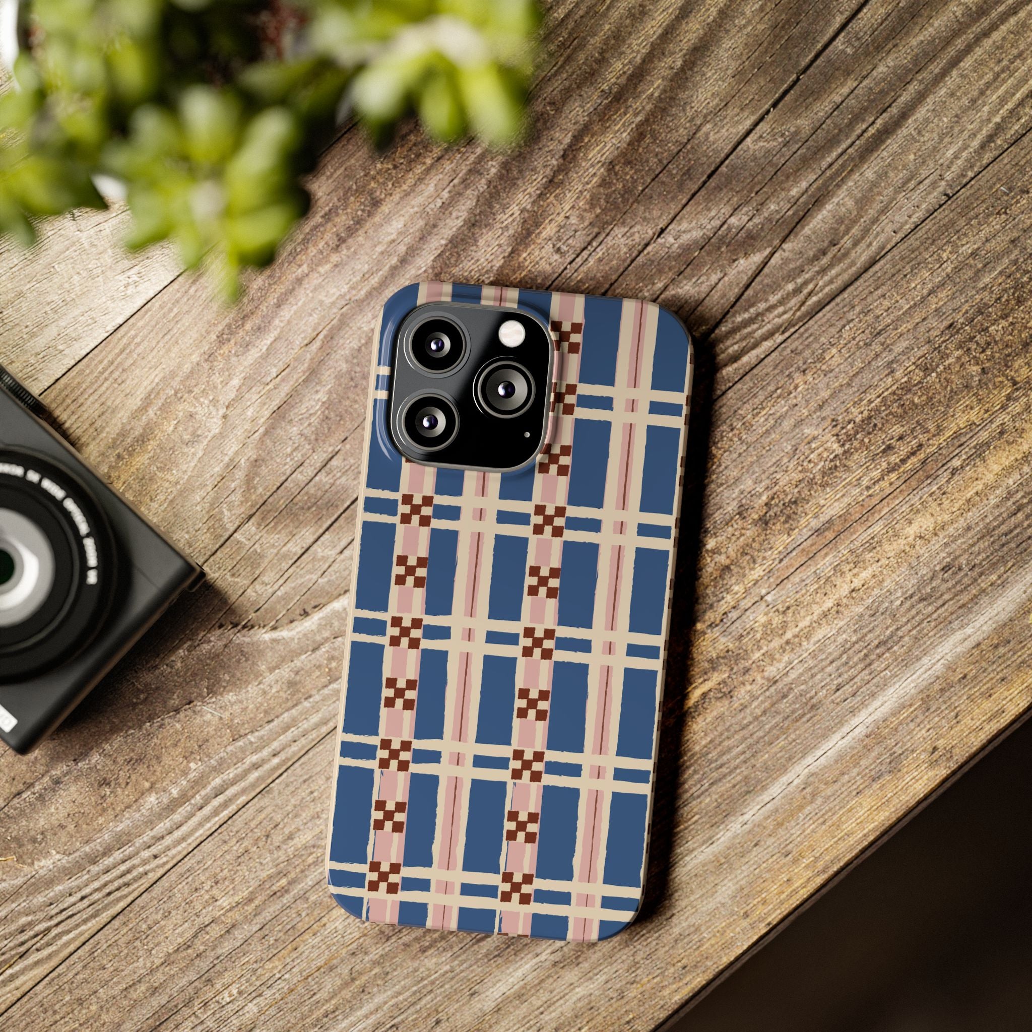 Slim Phone Case — Blue & Pink Retro Plaid Pattern