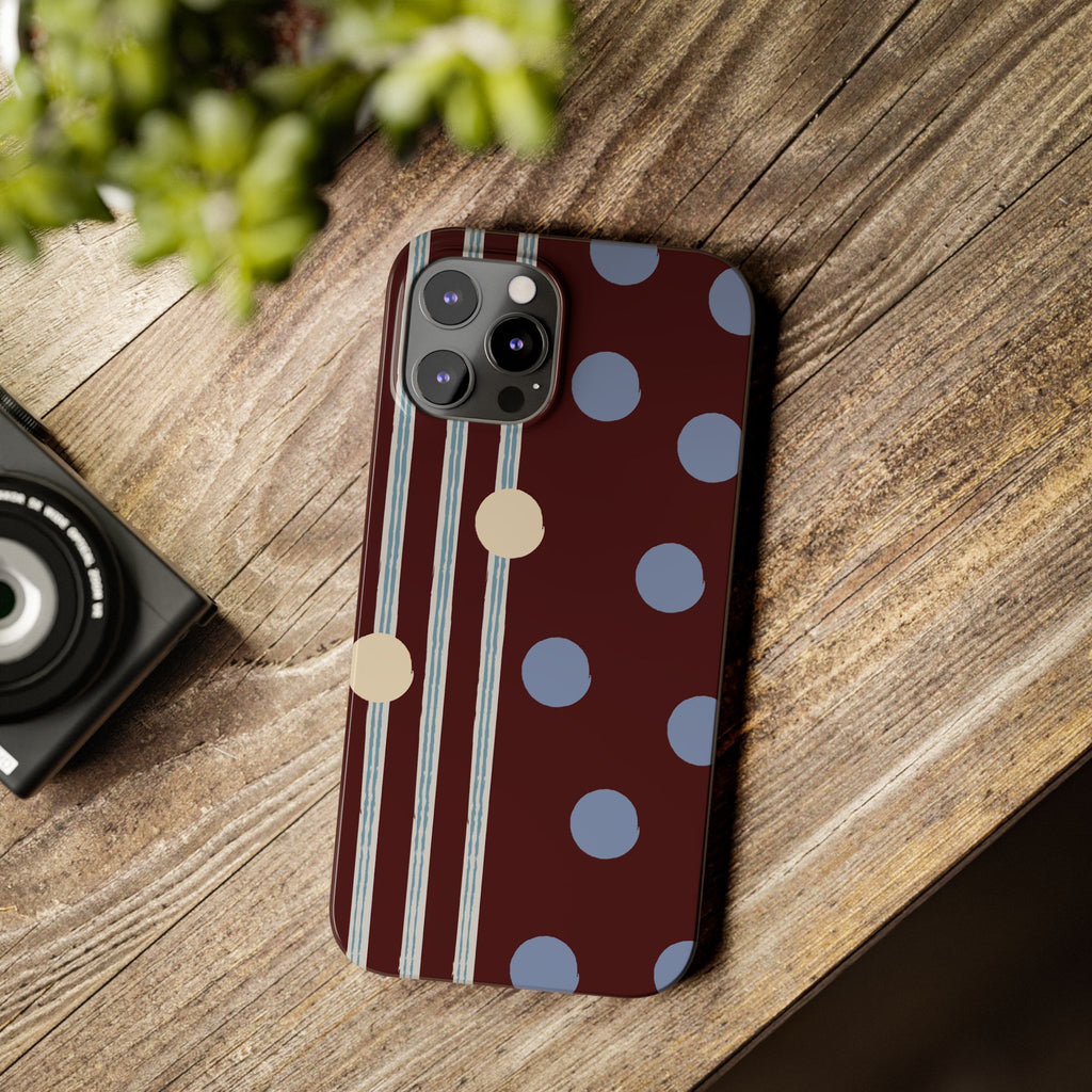 Polka Dot & Stripe Slim Phone Case — Burgundy Blue Retro Pattern