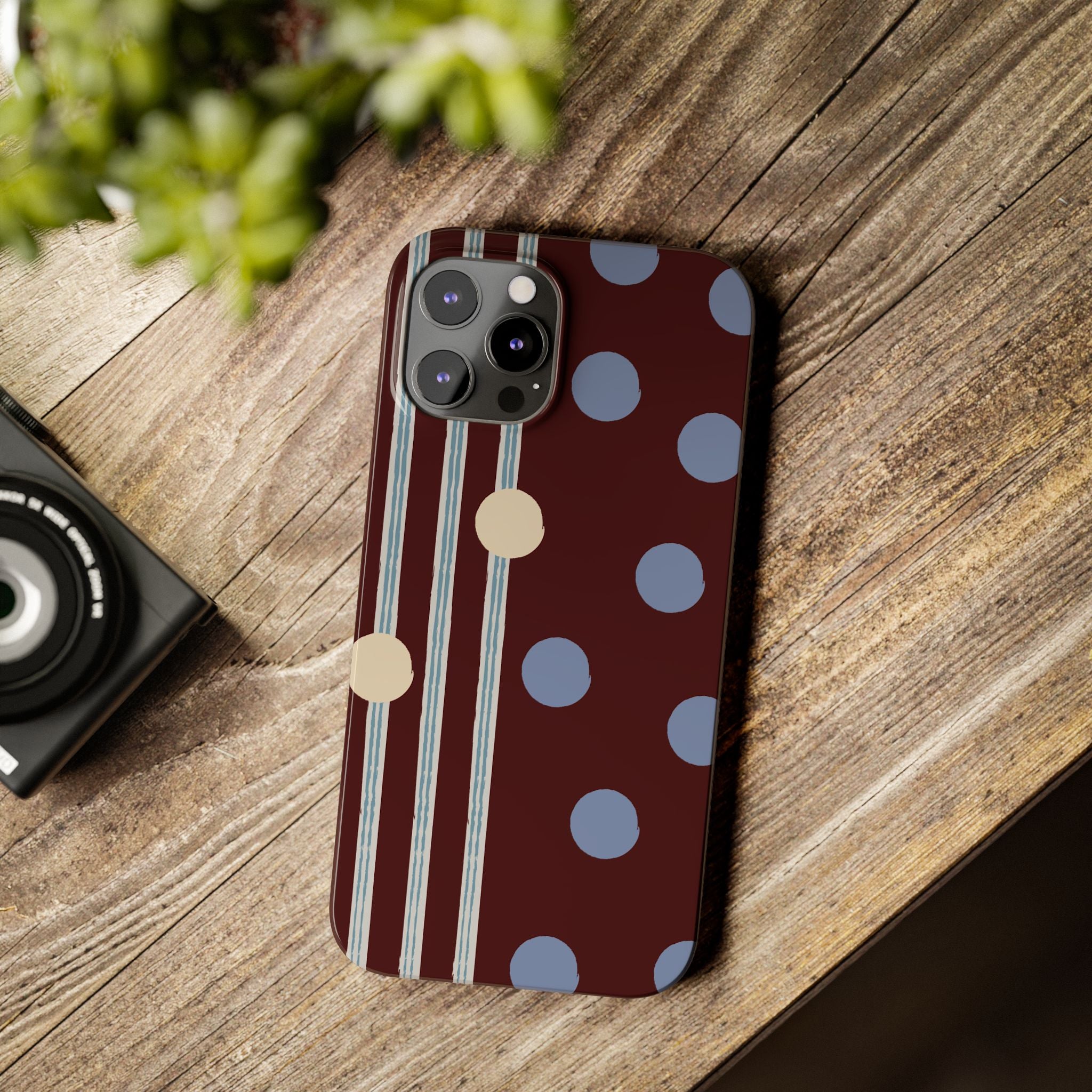 Polka Dot & Stripe Slim Phone Case — Burgundy Blue Retro Pattern