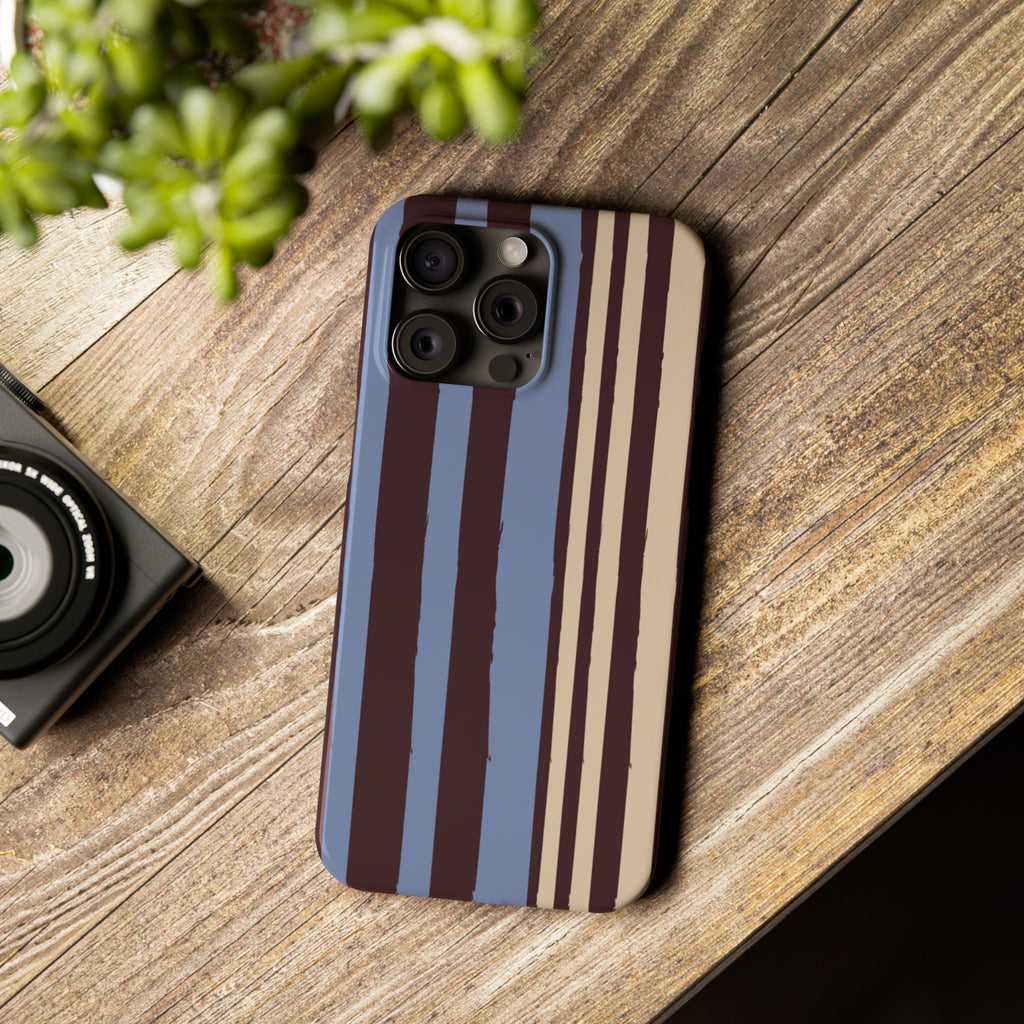 Retro Striped Slim Phone Case — Blue, Brown & Cream Vertical Stripes