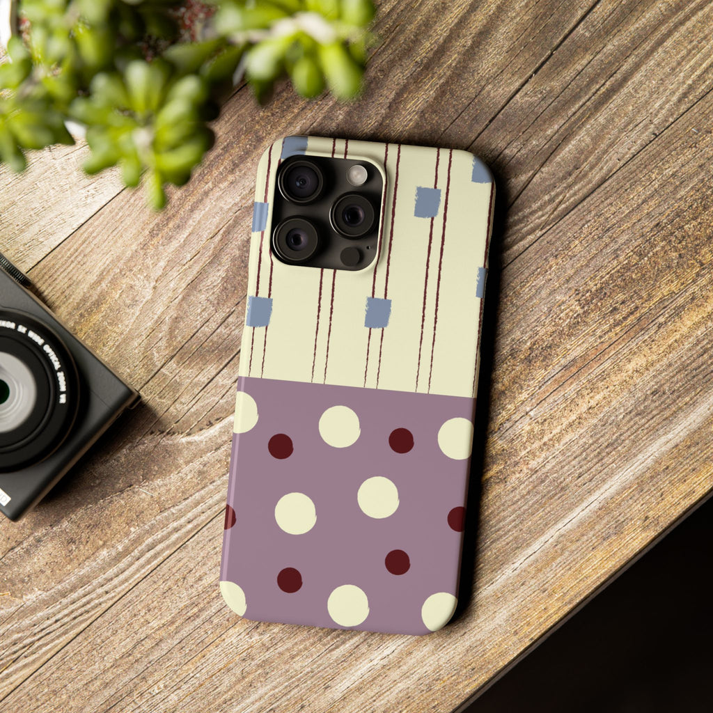 Slim Phone Case — Retro Polka Dot & Stripes Design, Lavender Plum