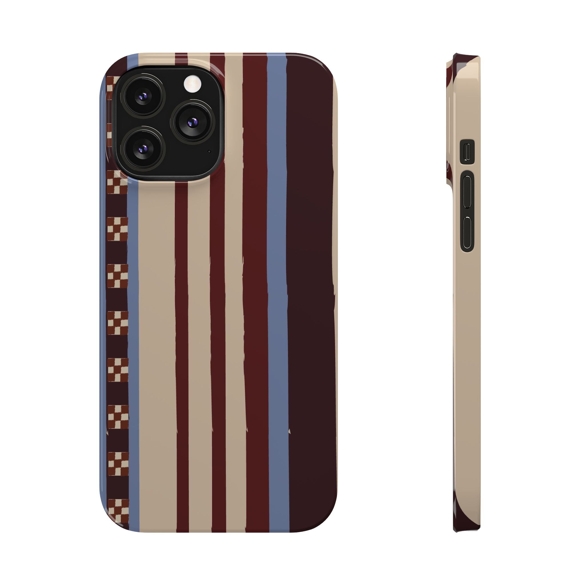 Slim Phone Case — Retro Striped Beige, Maroon & Blue Pattern