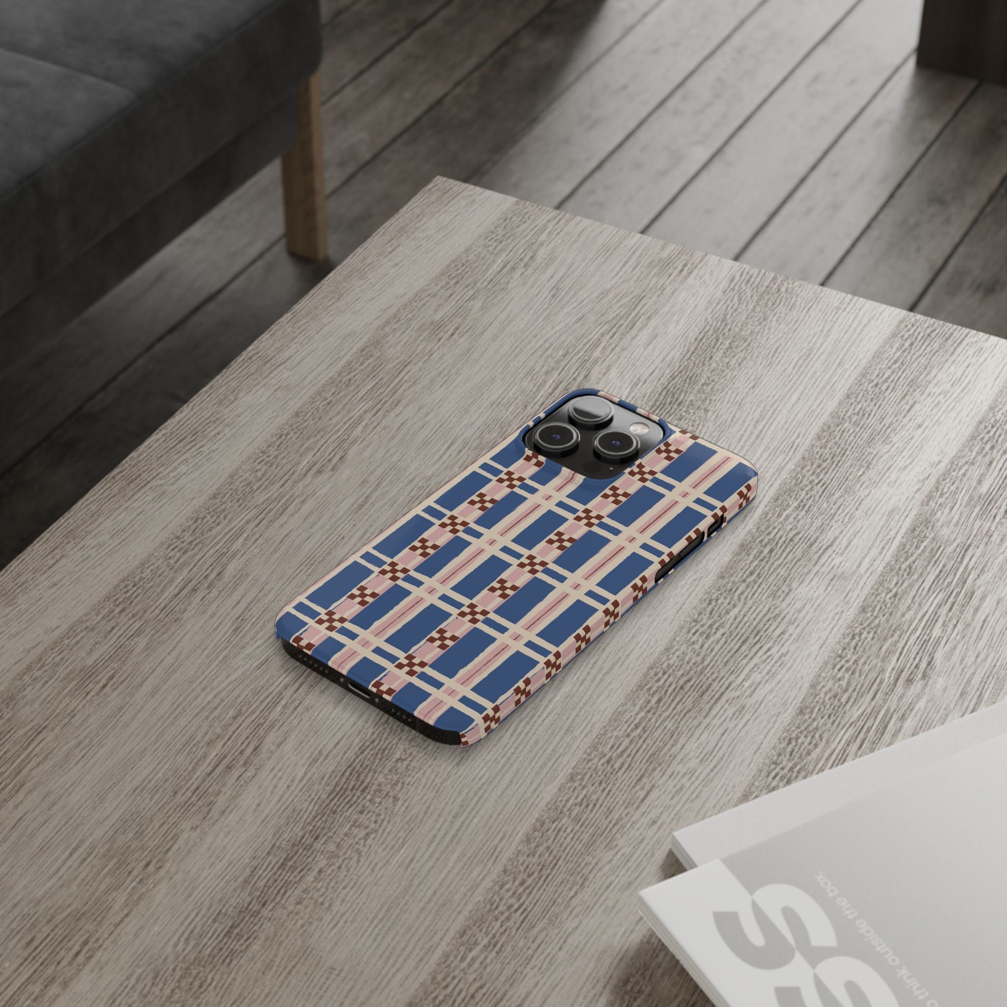 Slim Phone Case — Blue & Pink Retro Plaid Pattern