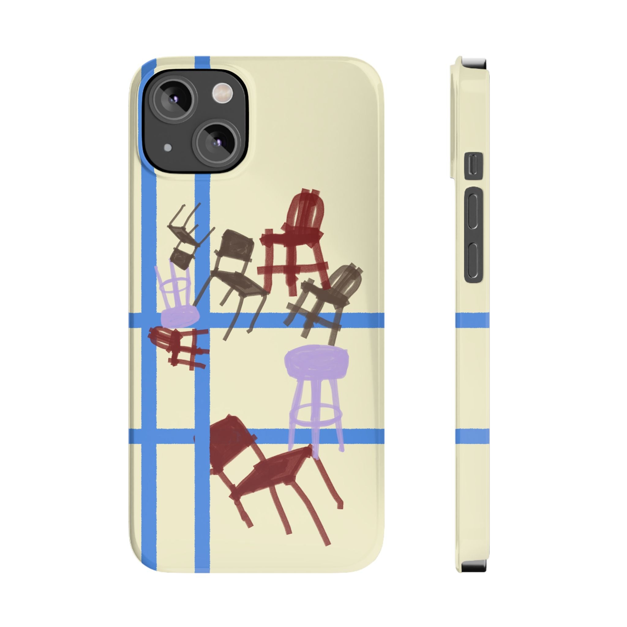Slim Phone Case — Retro Chairs Pattern on Cream with Blue Grid Backroom-Inspired